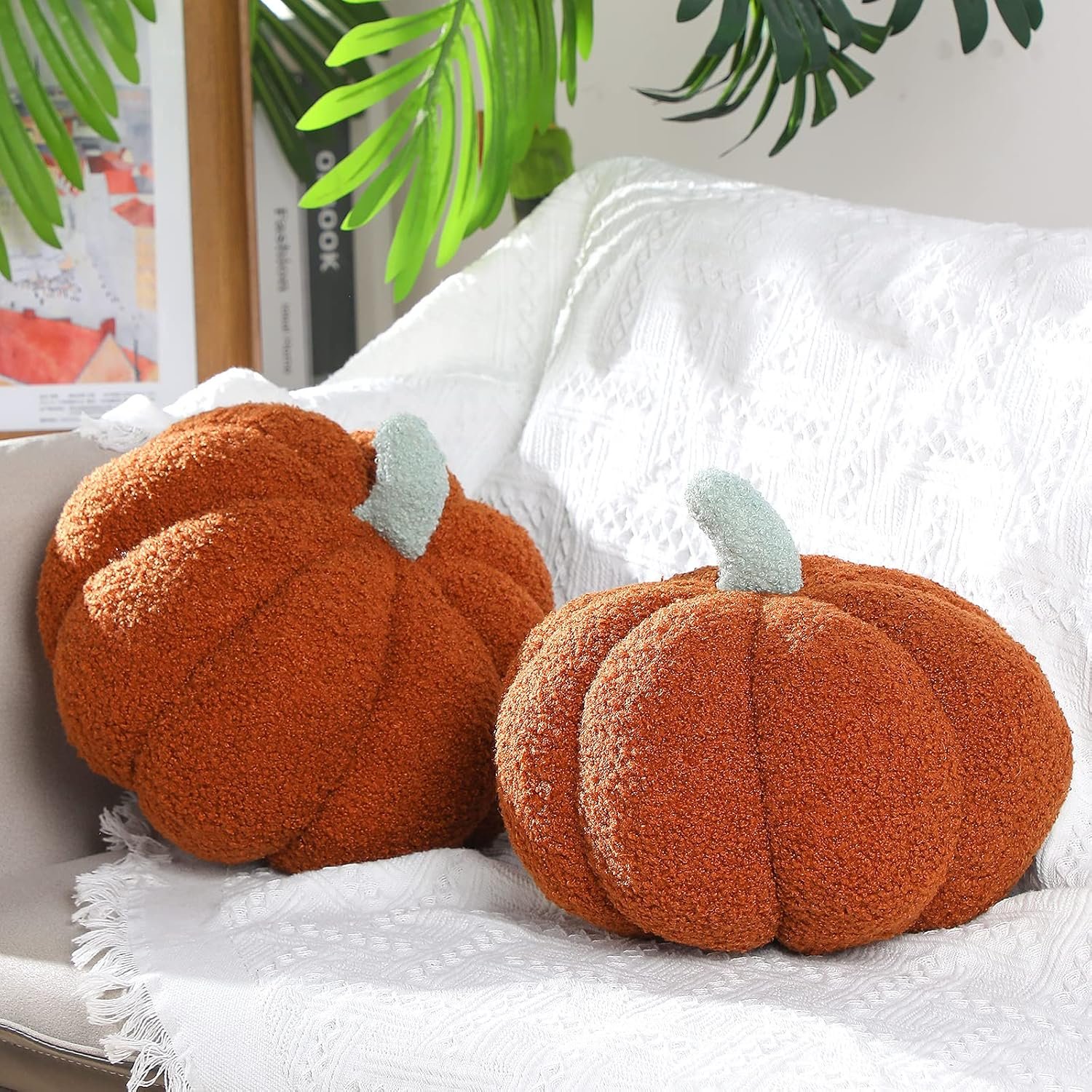 Queekay 2 Pcs Pumpkin Pillow 11 x 9.5 Inch Fall 3D Stuffed Pumpkin Decor for Home Bedroom Car Sofa Plush Throw Pillow Cushion Gifts for Autumn Halloween Thanksgiving Christmas Decoration(Brown)