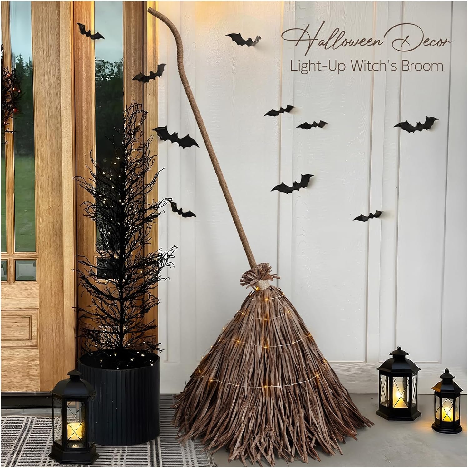 Halloween Decorations – 5.5 Ft Giant Light-Up Witches Broom | Rustic Farmhouse Decoration, Fall Decor for Home, Indoor Outdoor Decoration, For Front Door Porch