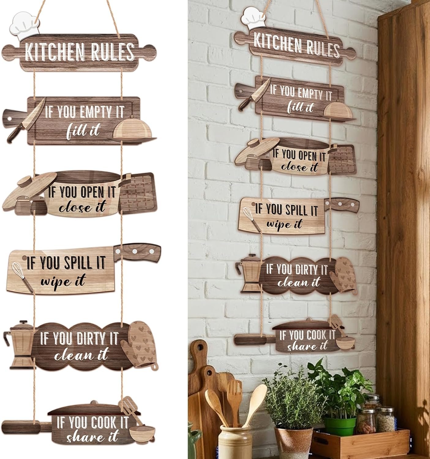 6 Pack Kitchen Rules Signs and Decor, Rustic Wooden Hanging Kitchen Signs Wall Decor Funny Art Sign for Farmhouse Home Hotel Housewarming Gifts