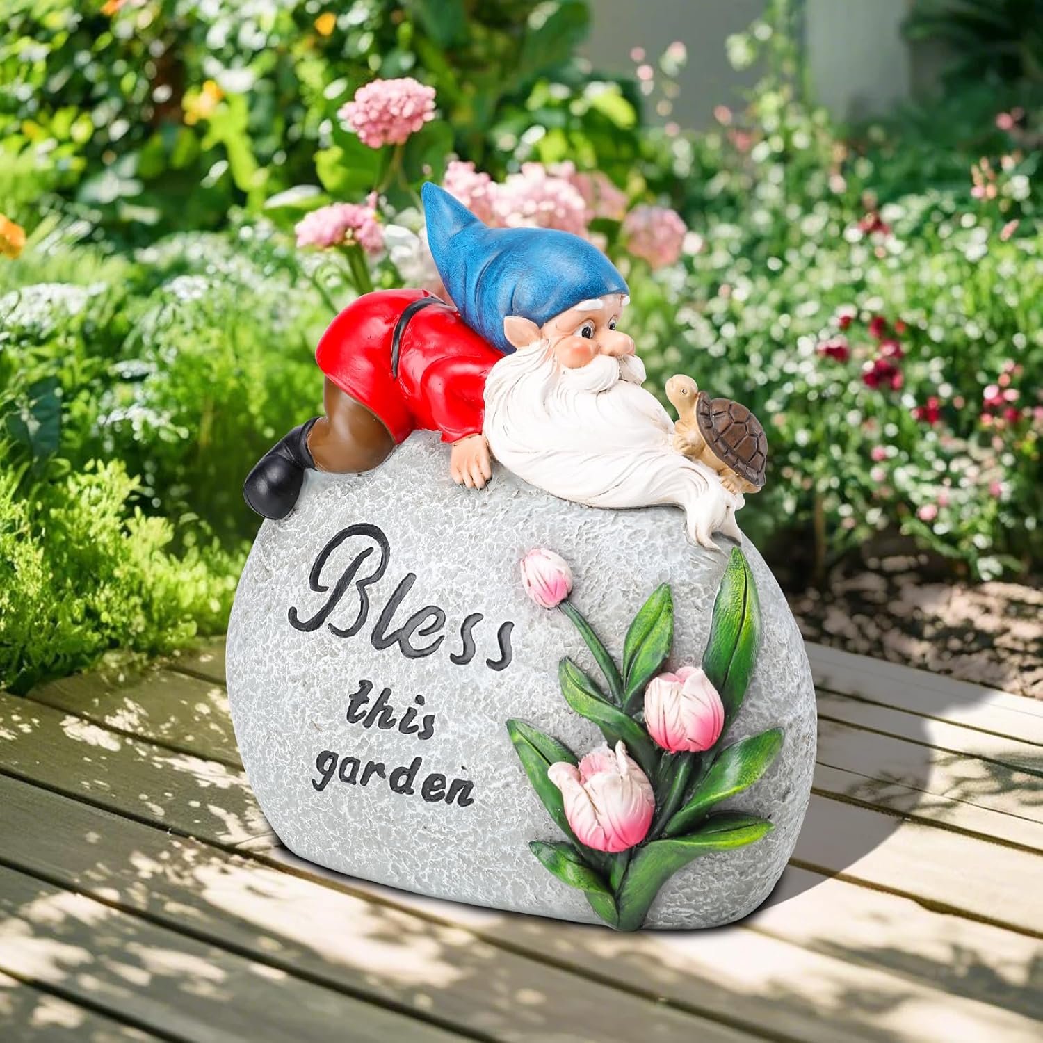Gnomes Outdoor Decor, Garden Stone Statues, Novelty Gnome Play with Turtle | Gnome Garden Sculptures Stone Statue with Flower and Turtle Figurine Decoration for Patio Yard Porch Art Home Decor and Gifts