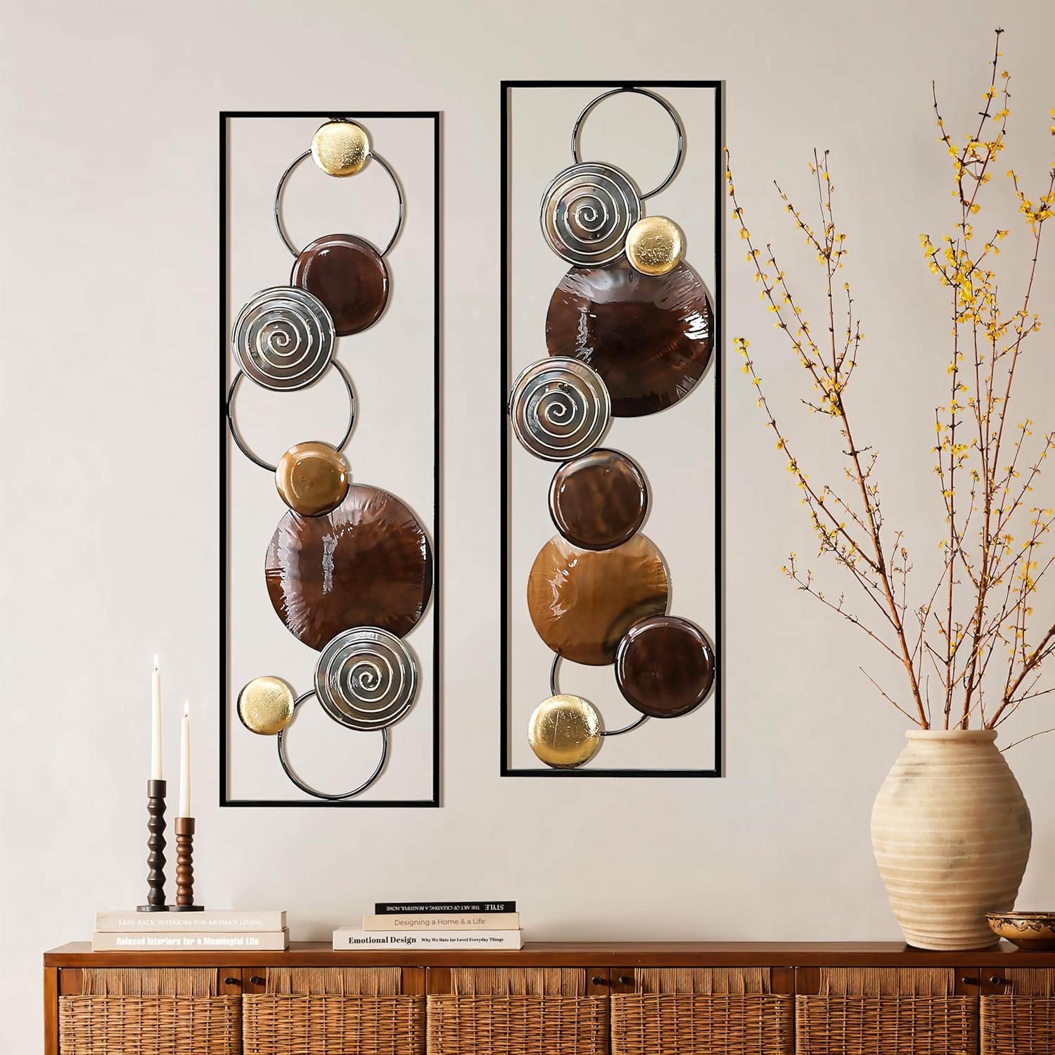 LuxenHome Metal Wall Art, 2 Pieces Abstract Wall Décor Brown, 36″x12″ | Metal Wall Decor, Minimalist Metal Wall Sculptures for Home, Living Room, Bedroom, Dining Room