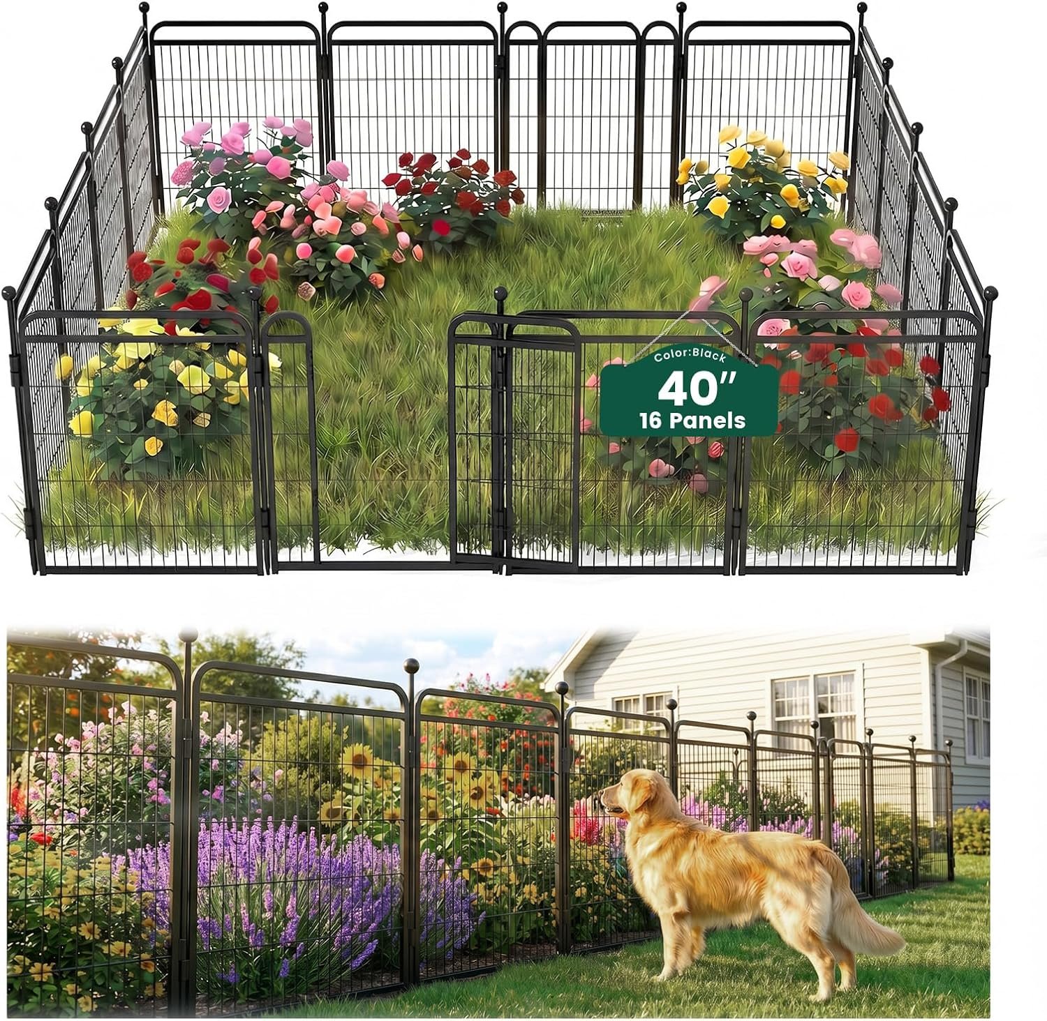 40 in(H) Garden Fence Outdoor for Yard with 2 Gravity Automatic Lock Gates,Heavy Duty Iron 16 Panels Total 34.7ft(L) Outdoor Dog Metal Animal Barrier Fence for Patio & Flower Bed,Black