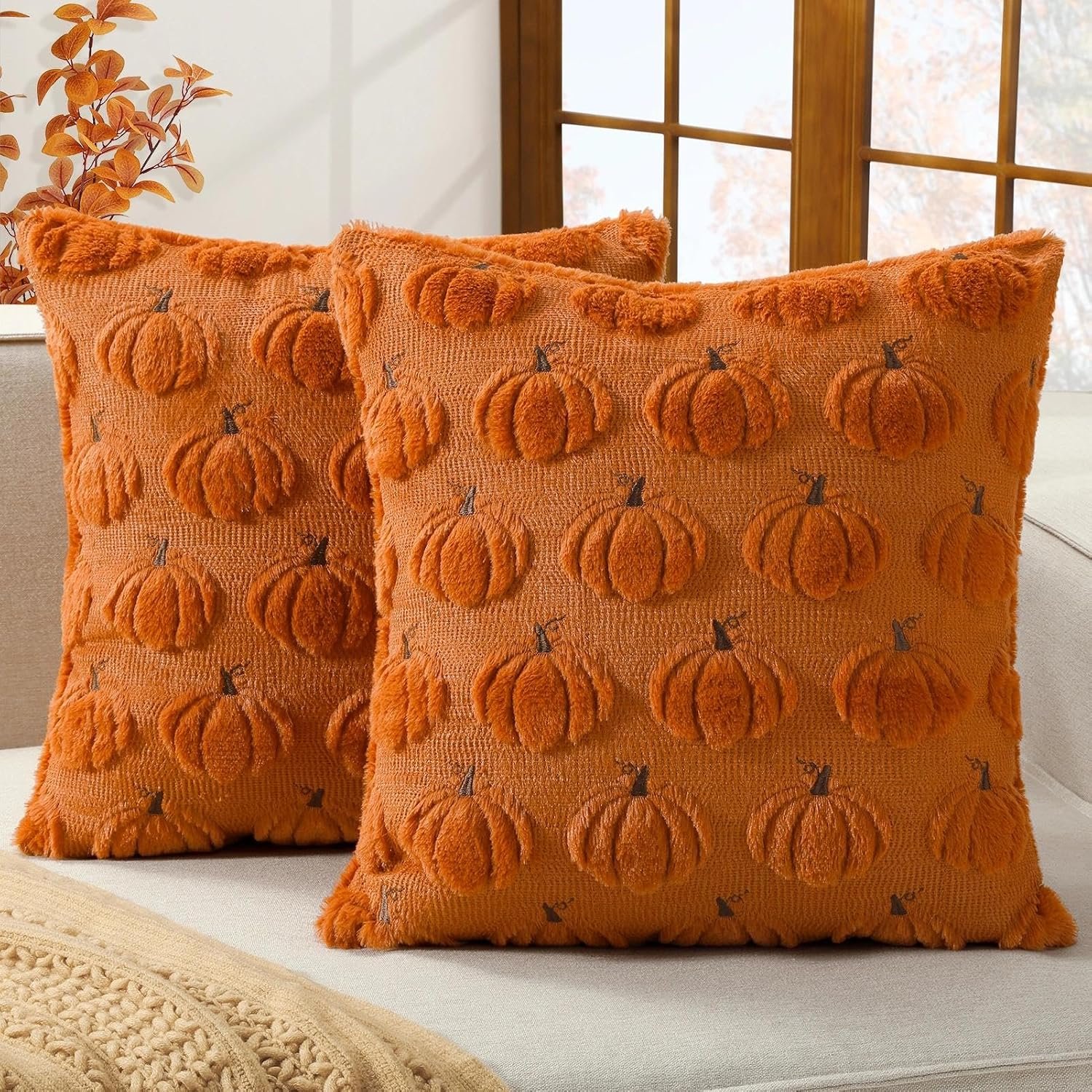 Softalker Fall Throw Pillow Covers 18×18 Set of 2 Rust Orange Pumpkin Decor | Double-Sided plush comfort with raised Autumn pumpkin embroidery, designed for couch sofas, bedrooms, and home decorations.