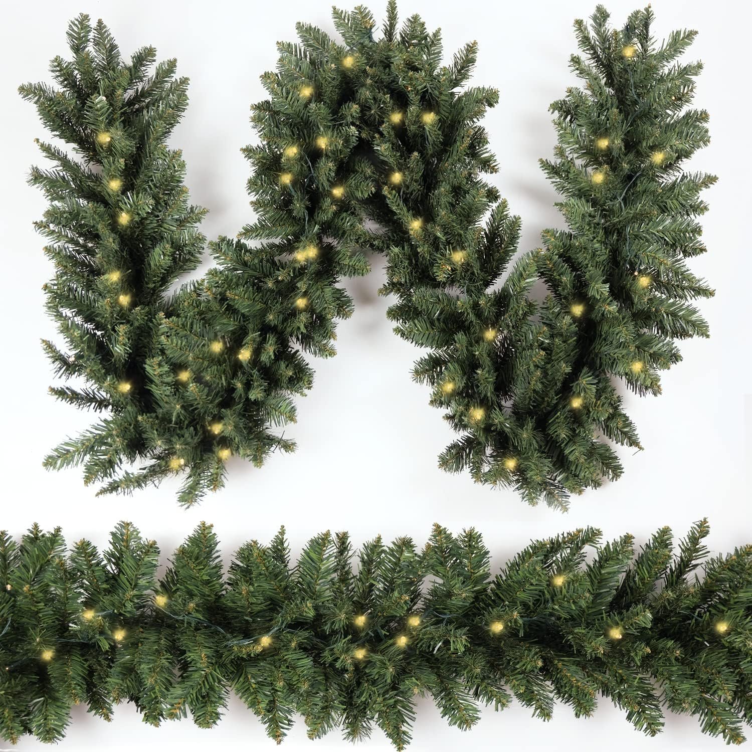 Christmas Garland 9ft with 50 Led, 320 Tips Prelit Fraser Fir Xmas Garland with 50 LED Lights, Lush and Classics Green Style for Indoor Outdoor Home Decoration
