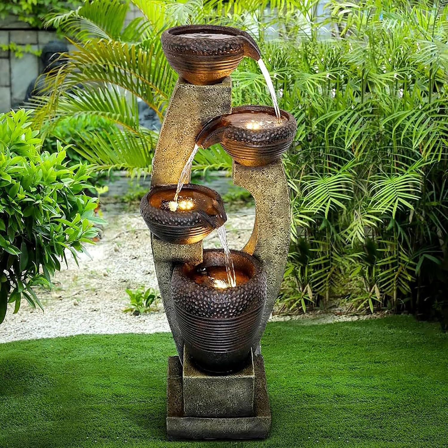 40″ Tall Outdoor Water Fountain and Waterfalls – Large Garden Fountain with LED Lights, 4-Tier Crocks, Indoor and Outdoor Fountains for Garden, Patio, Deck, Porch, Backyard and Home, Gray