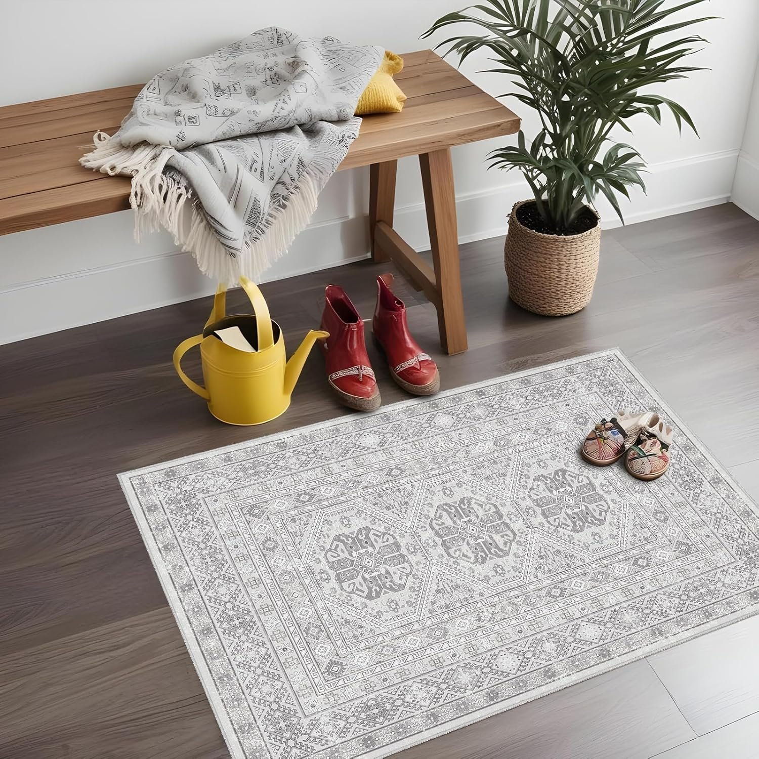 2×3 Area Rug Washable Vintage: Non Slip Throw Rugs for Entryway Floor Grey | Oriental Indoor Door Mat for Kitchen Soft Low Pile Thin Small Carpet for Hallway Bedroom Dining Room Home Office Decor