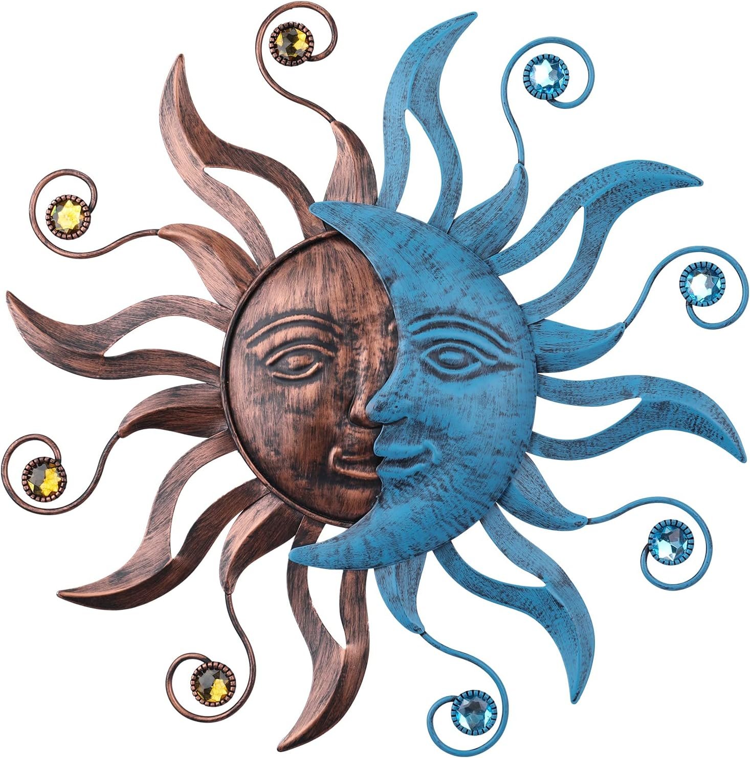 13.26 Inch Sun and Moon Outdoor Metal Wall Art for Fence Patio Decor | Hand-painted blue and bronze sun and moon decor, back hook, weather-resistant iron for fence, patio, garden, porch and yard