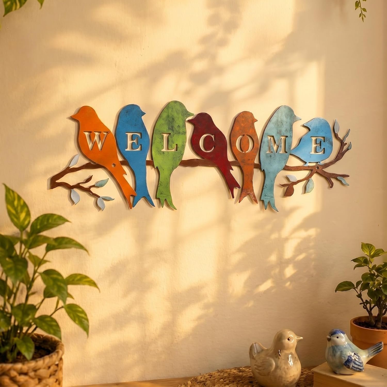 Peryiter Birds on Branch Welcome Sign Metal Wall Decor,Rustic Colors | Outdoor Porch Front Door Hanging Art, Bird Silhouettes Spell Greeting, Farmhouse Rustic Look, Durable Metal Construction