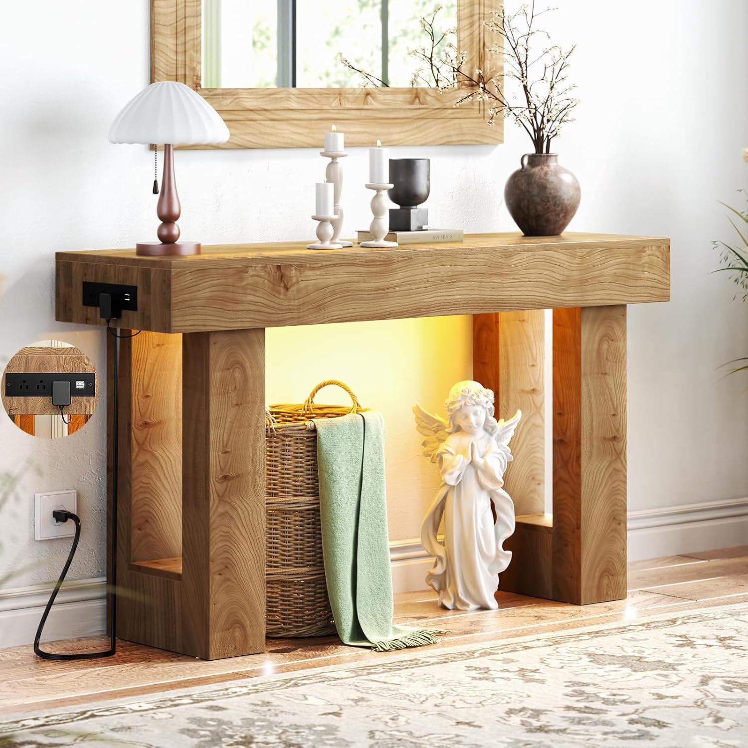 Unikito 47″ Entryway Table with Socket and Sensor Light, Narrow Console Table with Storage Behind Couch, Farmhouse Entry Way Tables with Open Storage for Entrance/Hallway/Living Room, Natural Oak