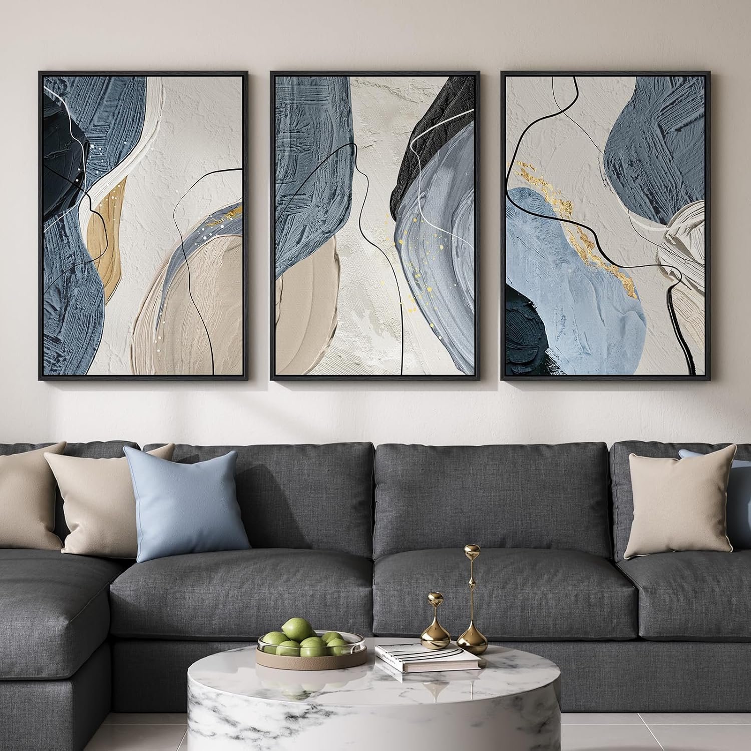 Large Framed Abstract Wall Art for Living Room, Set of 3 Modern Canvas Artwork for Wall, Blue Gray Minimalist Prints Paintings for Bedroom Hallway Office Wall Decor, 24×36 Inch