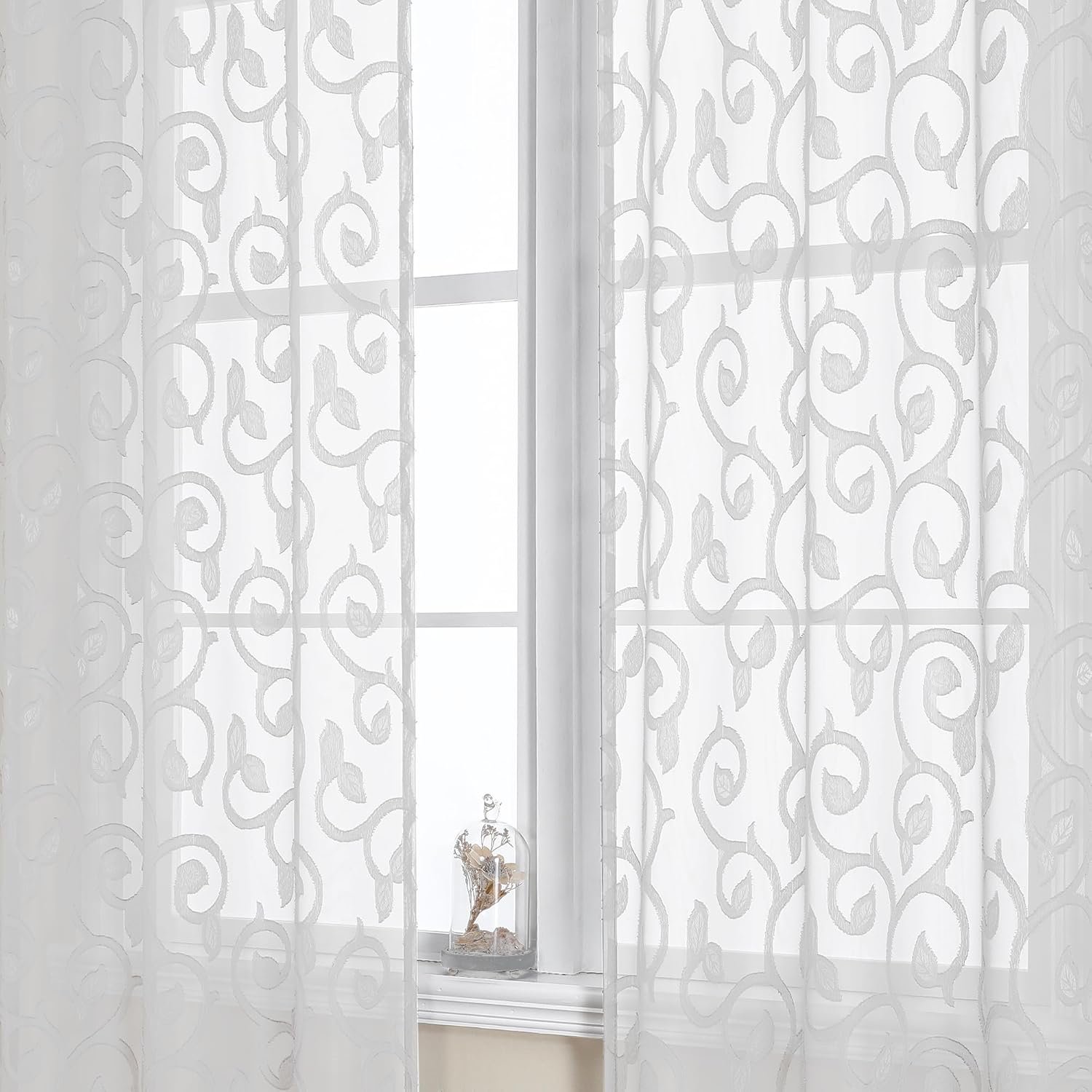 Furman Sheer White Curtains 84 inches Long for Bedroom Living Room 2 Panels Set, White Curtains Jacquard Clip Light Filtering Semi Sheer Curtain Rod Pocket Window Drapes, 2 Pcs Each 40 W 84 L