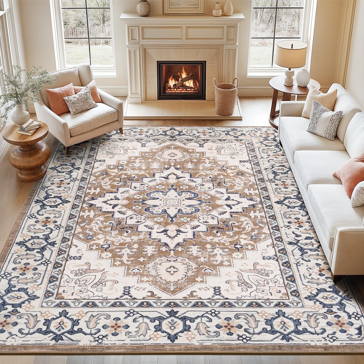Lofus 8×10 Area Rugs for Living Room Bedroom, Soft Boho Carpet Floral Brown | High-Power Vacuuming, Non-Slip, Low Pile, Stain & Water Repellent, Soft, Skin-Friendly, for Kitchen Entryway Office