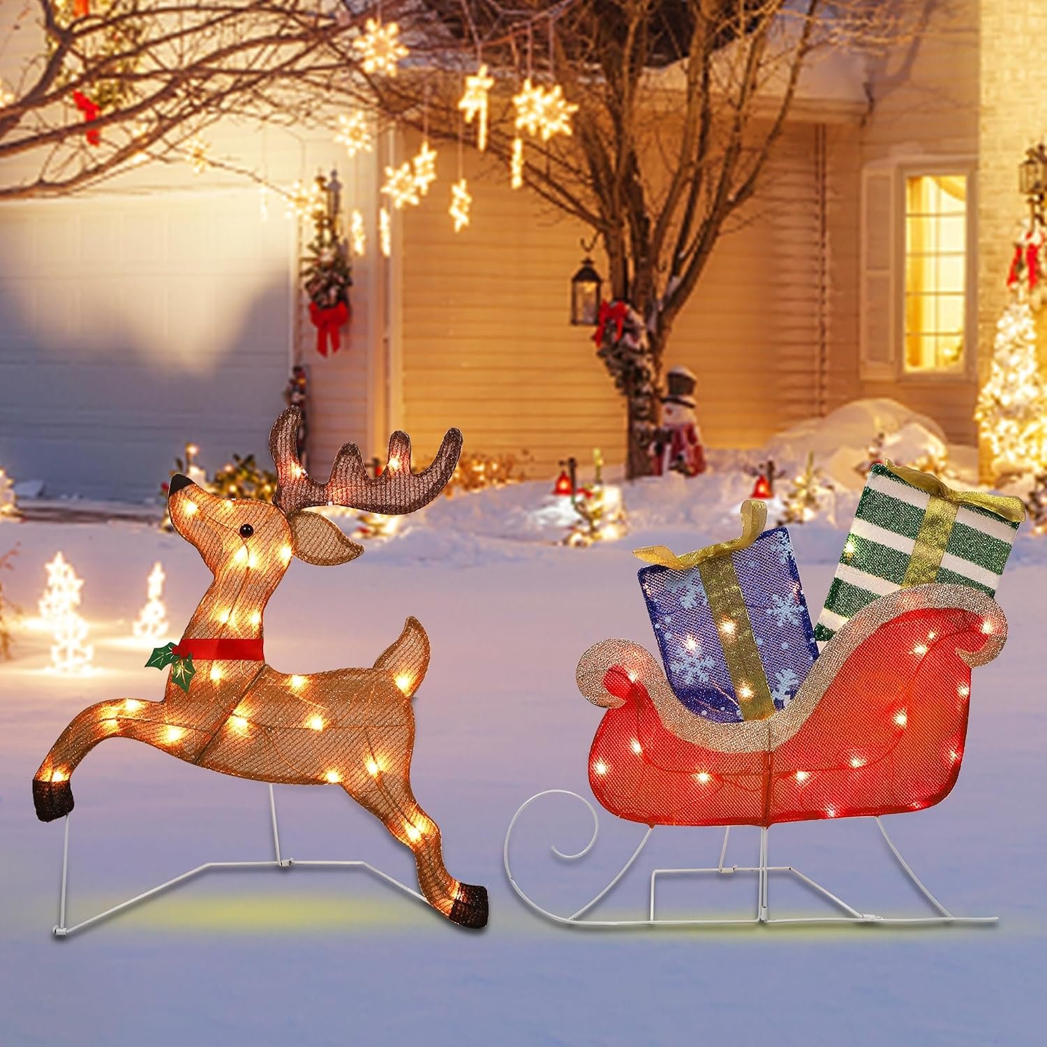 Prsildan Lighted Santa Sleigh & Reindeer Outdoor Christmas Decorations | 50 LED Lights, with Gift Boxes, Indoor Outside Use, Light up Reindeer Decoration for Home Yard Lawn Porch Holiday, 44″ x 25″