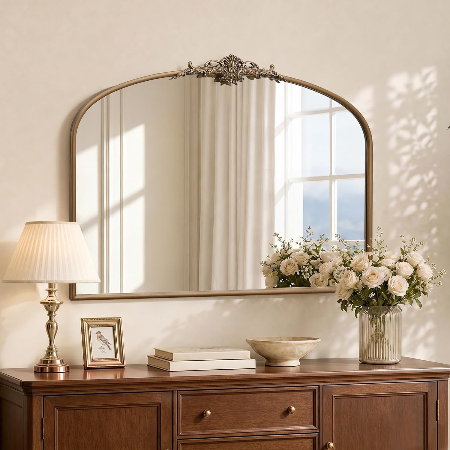 Besdomus Vintage Arched Gold Mirror: 40″x29″ Large Brass Antique Decorative | French Baroque Metal Framed Mirrors – Traditional Ornate for Entryway/Bedroom/Fireplace/Bathroom – Ideal for Home Renovations