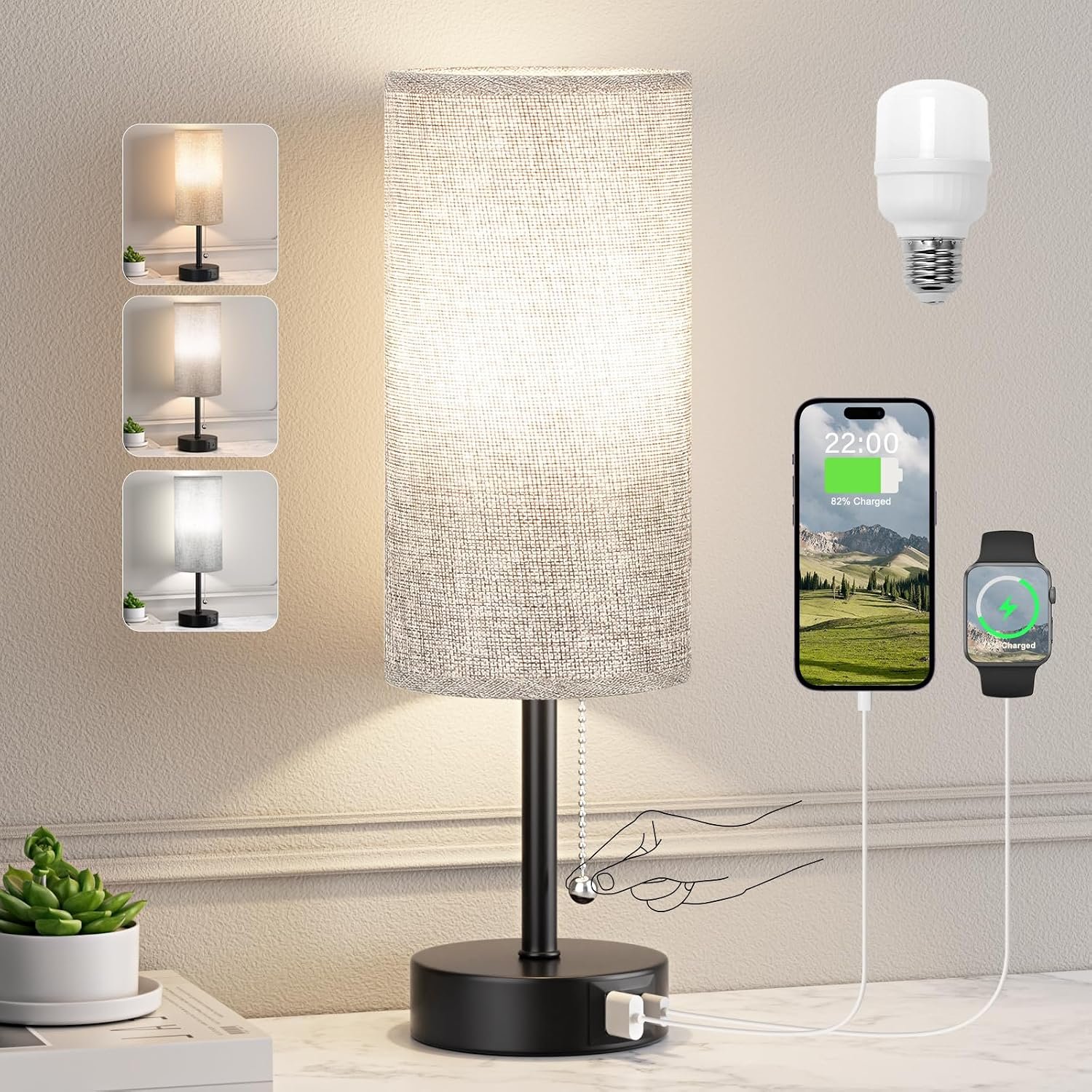 Grey Bedside Lamp for Bedroom Nightstand – Small Table Lamp with USB Ports | USB A+C Ports, 3 Color Temperatures, LED Bulb Included, Grey Fabric Shade, Black Base, 14″ Tall Pull Chain Desk Lamp
