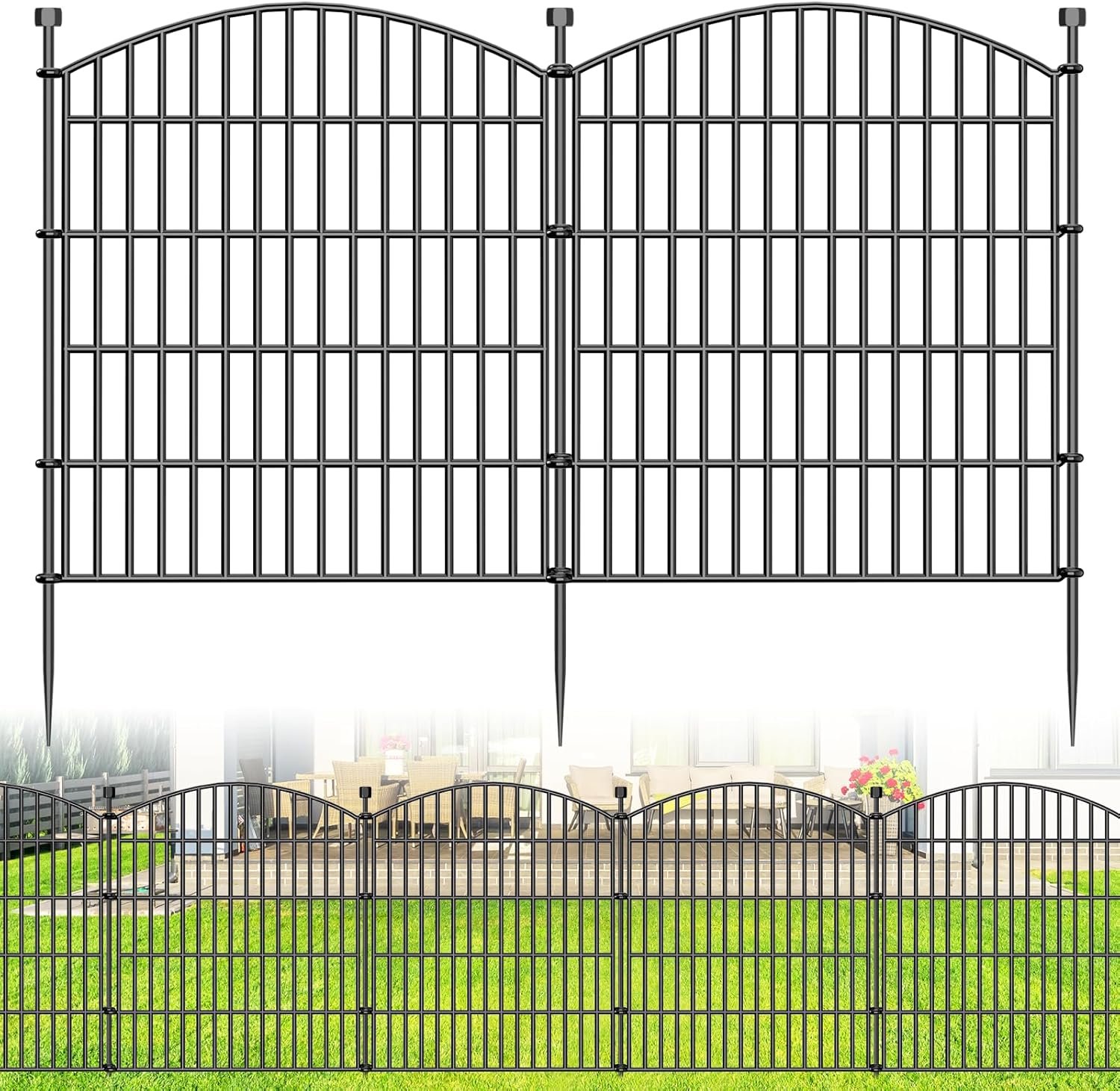 10 Panel No Dig Decorative Garden Fence 32″ H x 23.6’L Outdoor Dog Barrier | Rustproof welded metal with deep ground stakes for yards, patios. Modular design contains pets, rabbits, small animals.