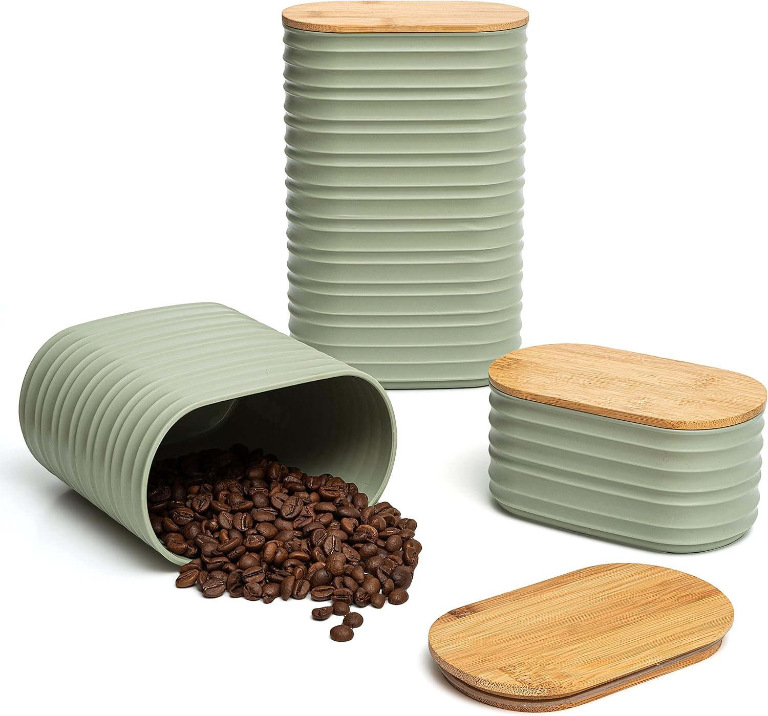 Mixpresso 3 Pcs Green Canisters Sets for the Kitchen, Coffee Containers | 3 Different Size Plastic BPA-Free Food Storage Canisters, Bamboo Lids & Silicone Seals for Tea, sugar, Flour & Countertops