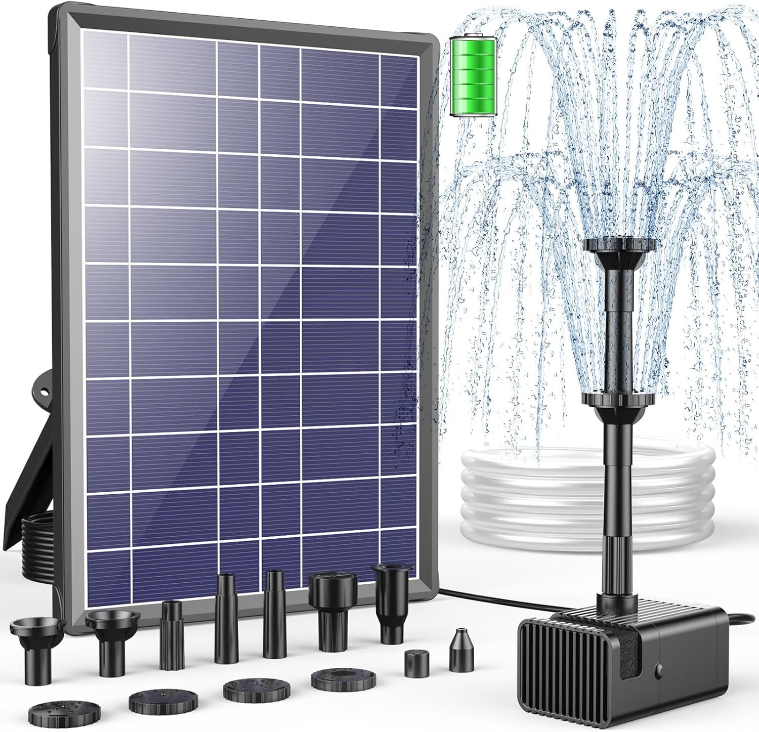 Antfraer 8W Solar Fountain Pump With 3600mAh Battery Backup, Solar Water Fountain for Bird Bath with Double-Layer Nozzles & 5Ft PVC Tubing for Bird Bath Small Pond Waterfall DIY Features
