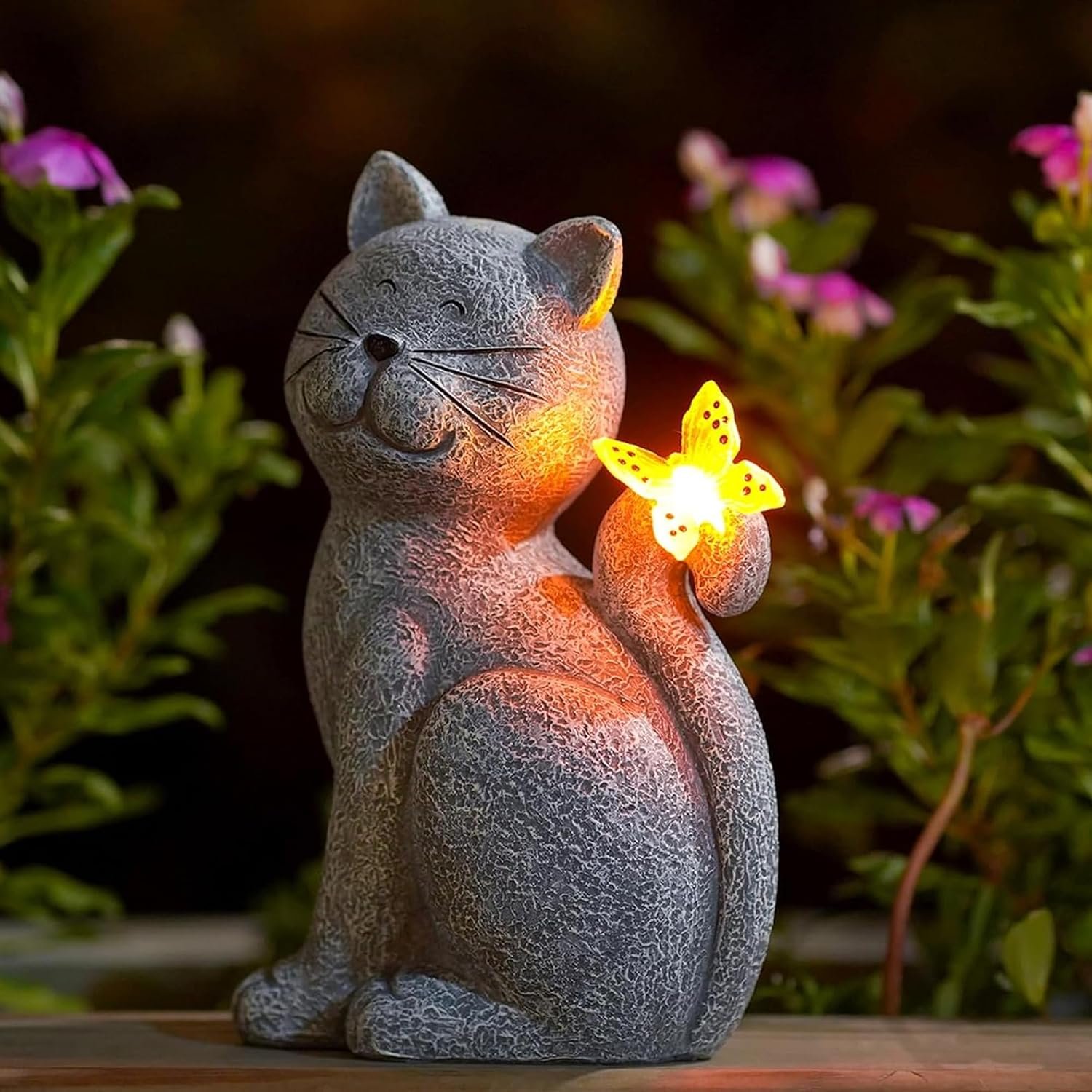 Cat Outdoor Statues for Garden with Solar Butterfly | IP65 Waterproof,Outside Decor, Yard Art Lawn Ornaments, Porch Patio Balcony Home House, Gifts for Mom Grandma Women