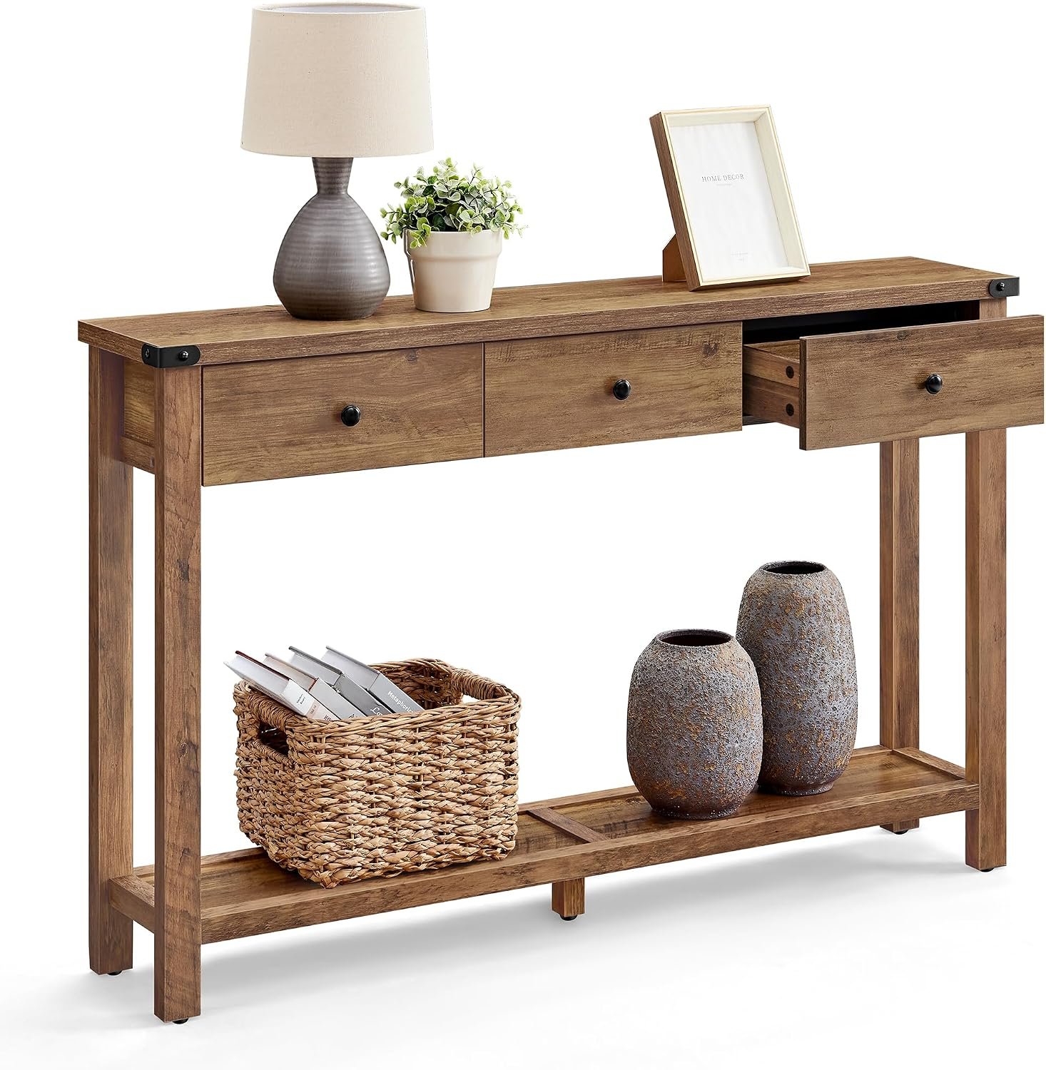 VASAGLE LIRY Collection Narrow Console Table with 3 Drawers, Brown | Sofa Table with Storage Shelf, Metal Corners, Farmhouse Style, ULNT142KB02S