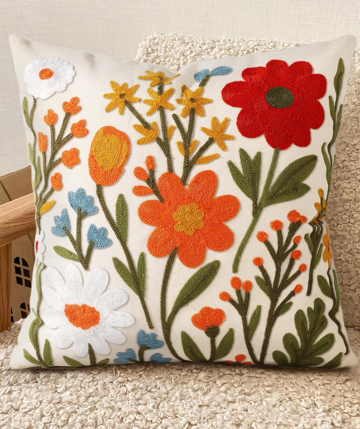 Embroidered Throw Pillow Cover 18×18 Inch, Flower Cluster | Decorative Pillow Cover, Floral Farmhouse Cushion Case with Hidden Zipper, Home Decor for Couch, Sofa, Living Room, Bedroom