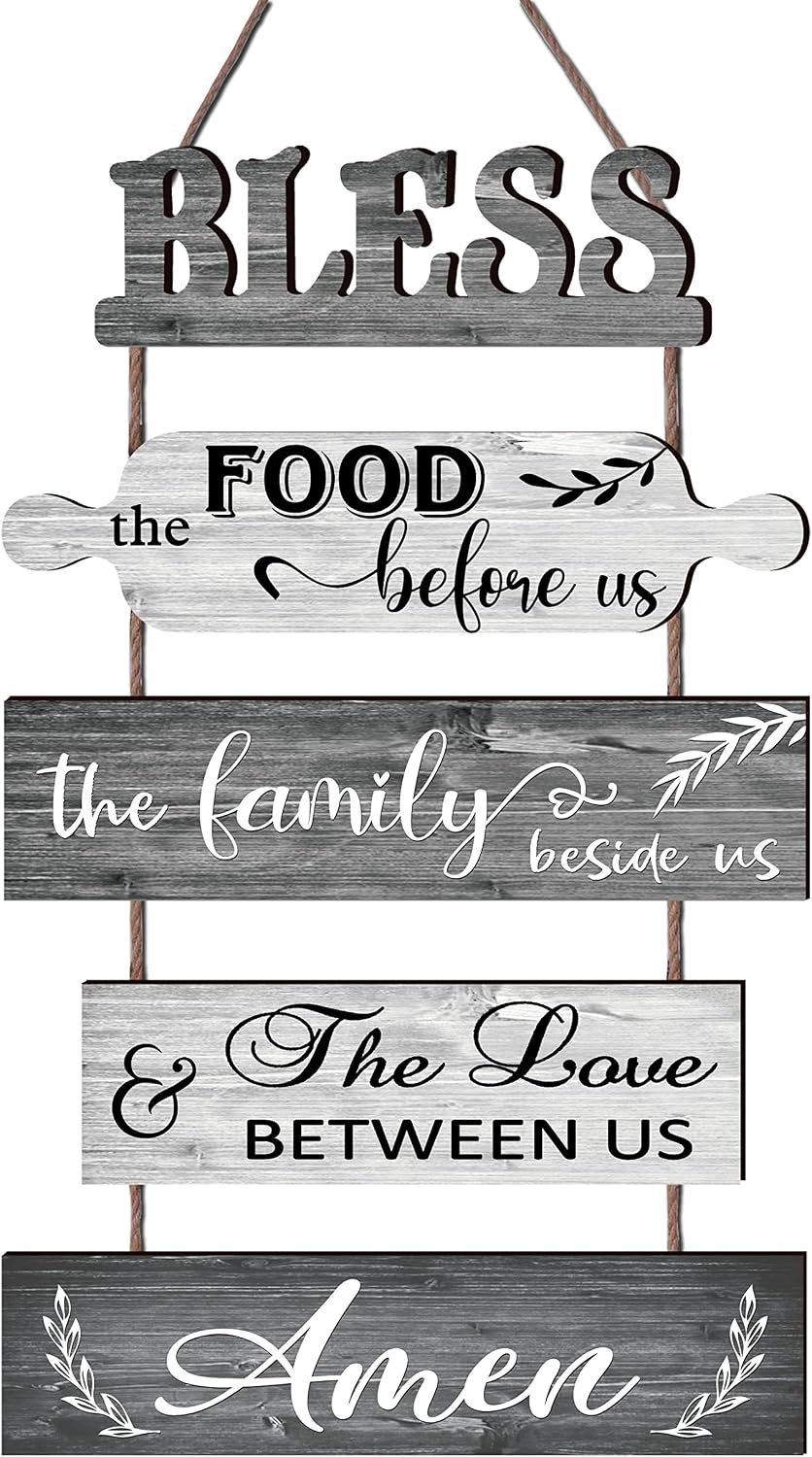 Buecasa Bless the Food Before Us Farmhouse Kitchen Wall Decor – Dining Room Decorations Collage Art in White Grey Color – Wooden Rustic 5pcs Roped Sign 13×24 Inches Vertical