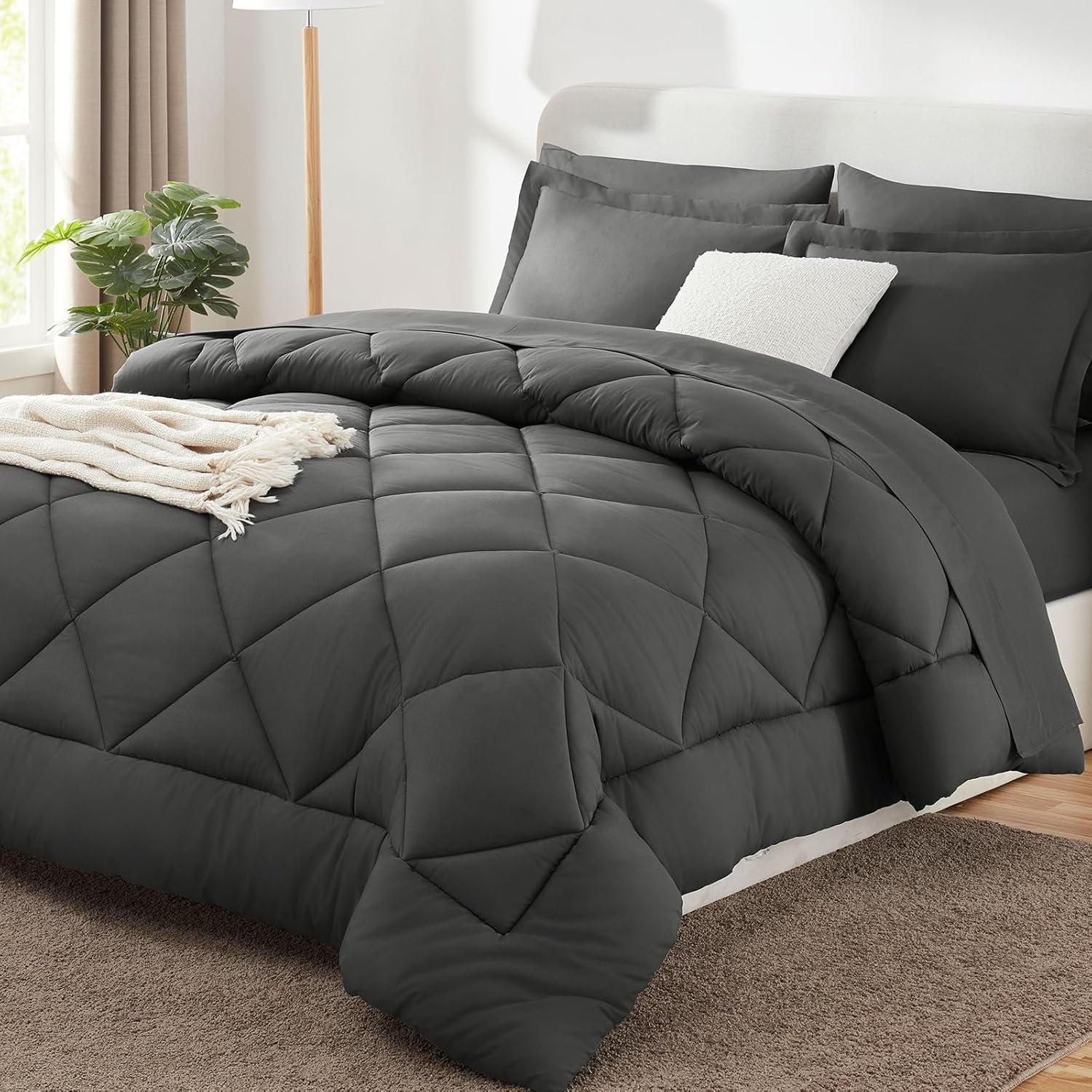 Queen Comforter Set with Sheets Dark Grey – 7 Pieces Bed in a Bag | OEKO-TEX Certified, All Season, 240GSM Down-Alternative Comforter, Sheets, Pillowcases & Shams, 14″ Deep Pocket, Easy Care