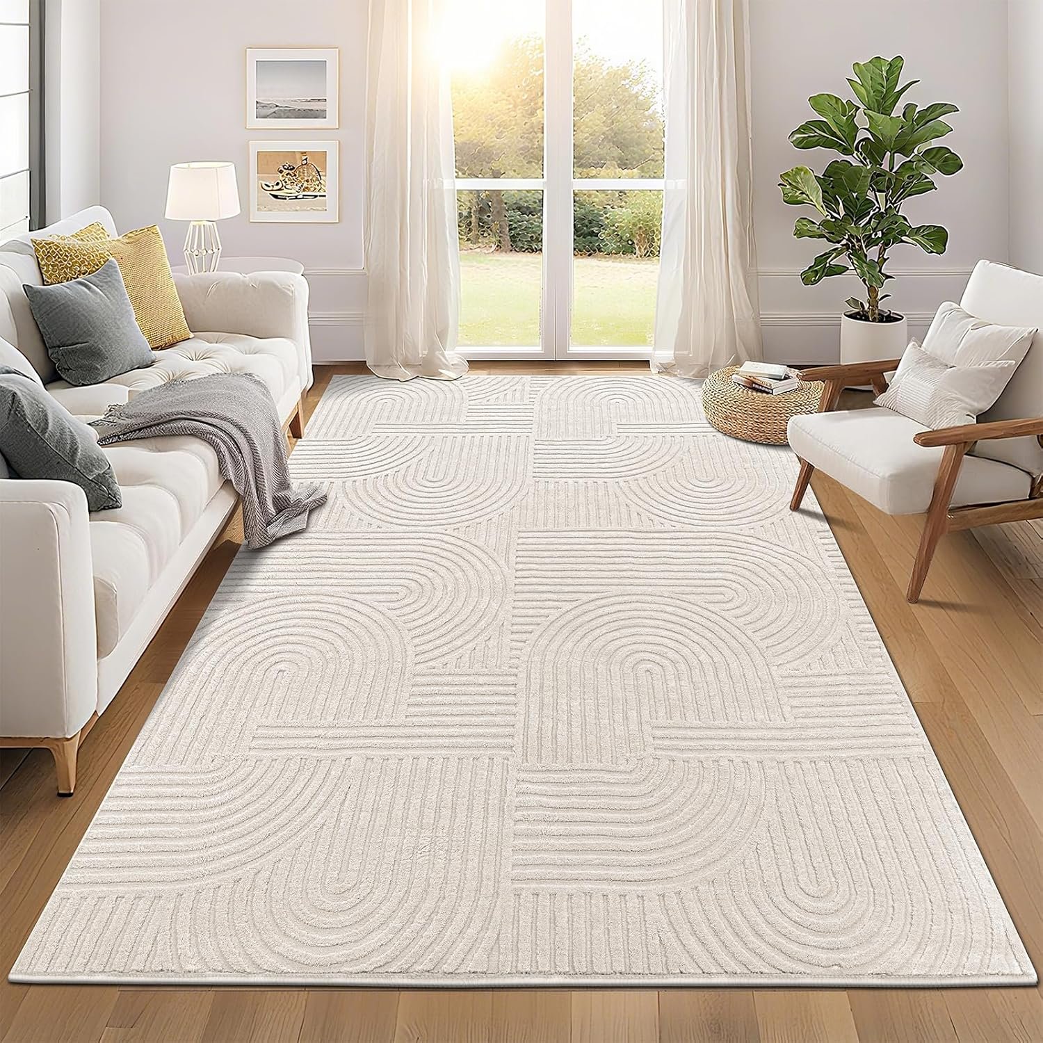 Pauwer 6×9 Area Rugs for Living Room, Modern Non Slip Washable Rug, Beige | Arch Pattern, Soft Fluffy, Neutral, Boho Accent, Solid Color Floor Carpet, For Kids Room Dining Room Nursery Entryway