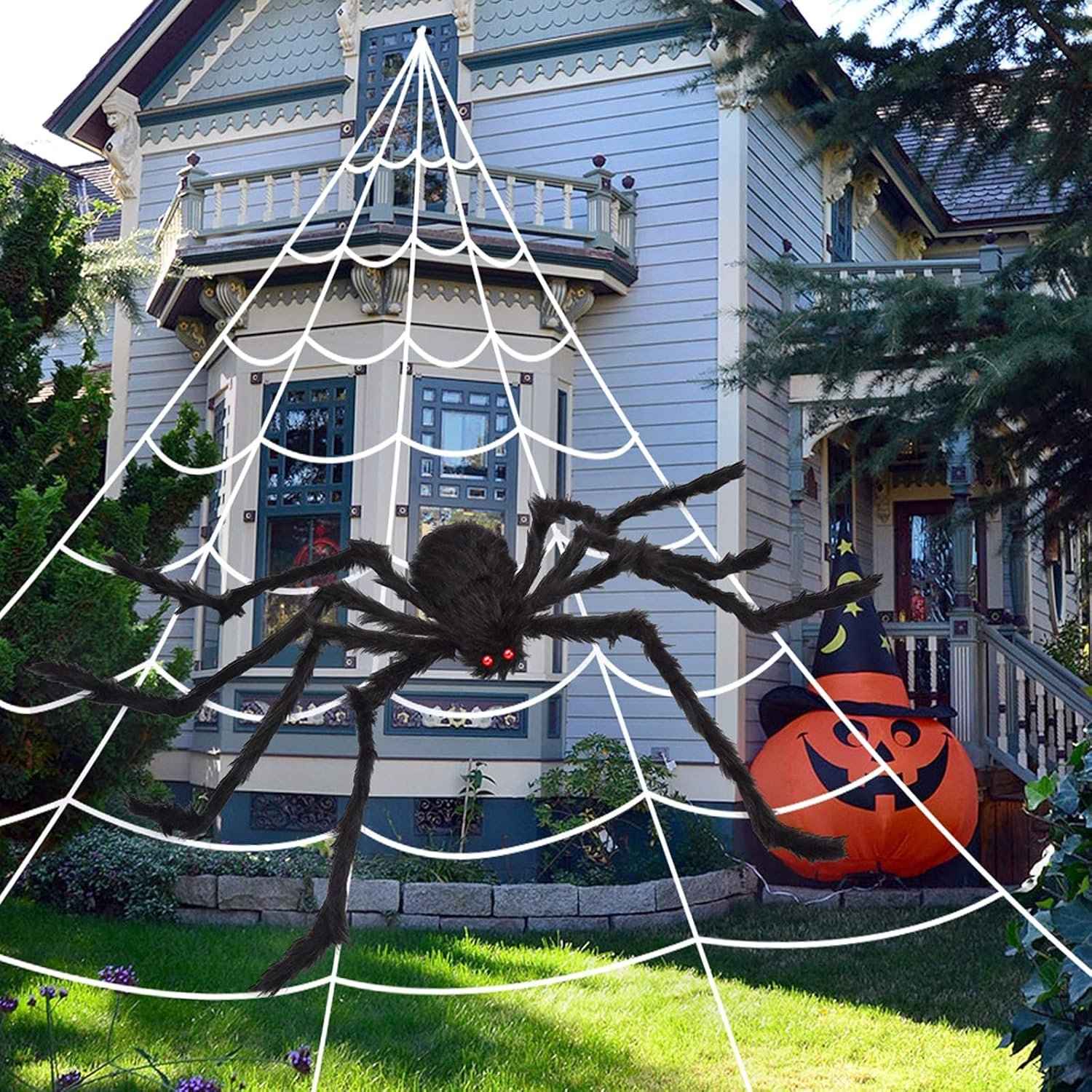 OCATO 200″ Halloween Decorations Spider Web Outdoor +59″ Giant Spider Décor | Halloween Decorations Outdoor/Indoor, Yard/Home/Costumes Parties/Haunted House Décor, Triangular Huge Spiders Web