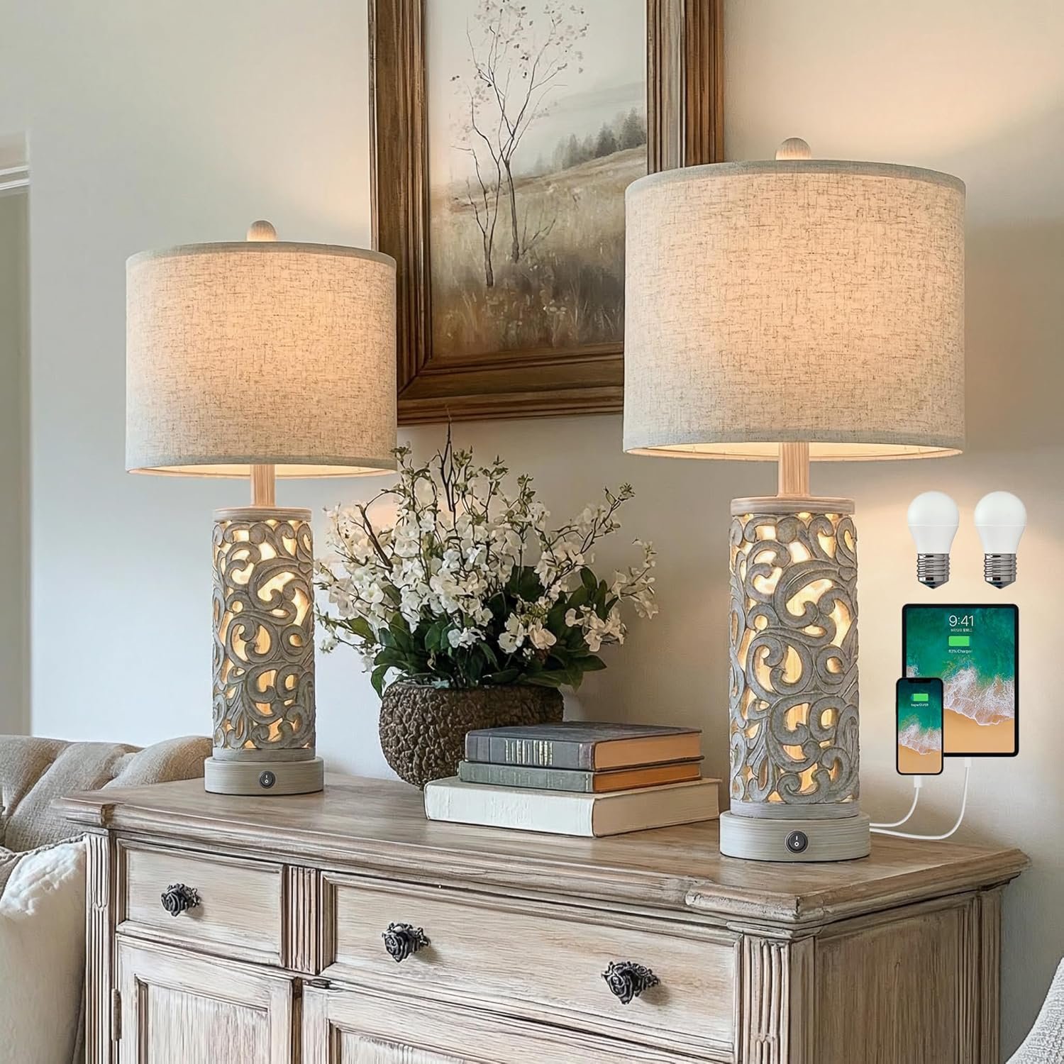 Bedside Table Lamps Set of 2 with Night Light, 22” Distressed Grey | Bedroom lamps for nightstand, hand-carved openwork, built-in USB with bulbs, rustic vintage design, ideal for nursery hallway