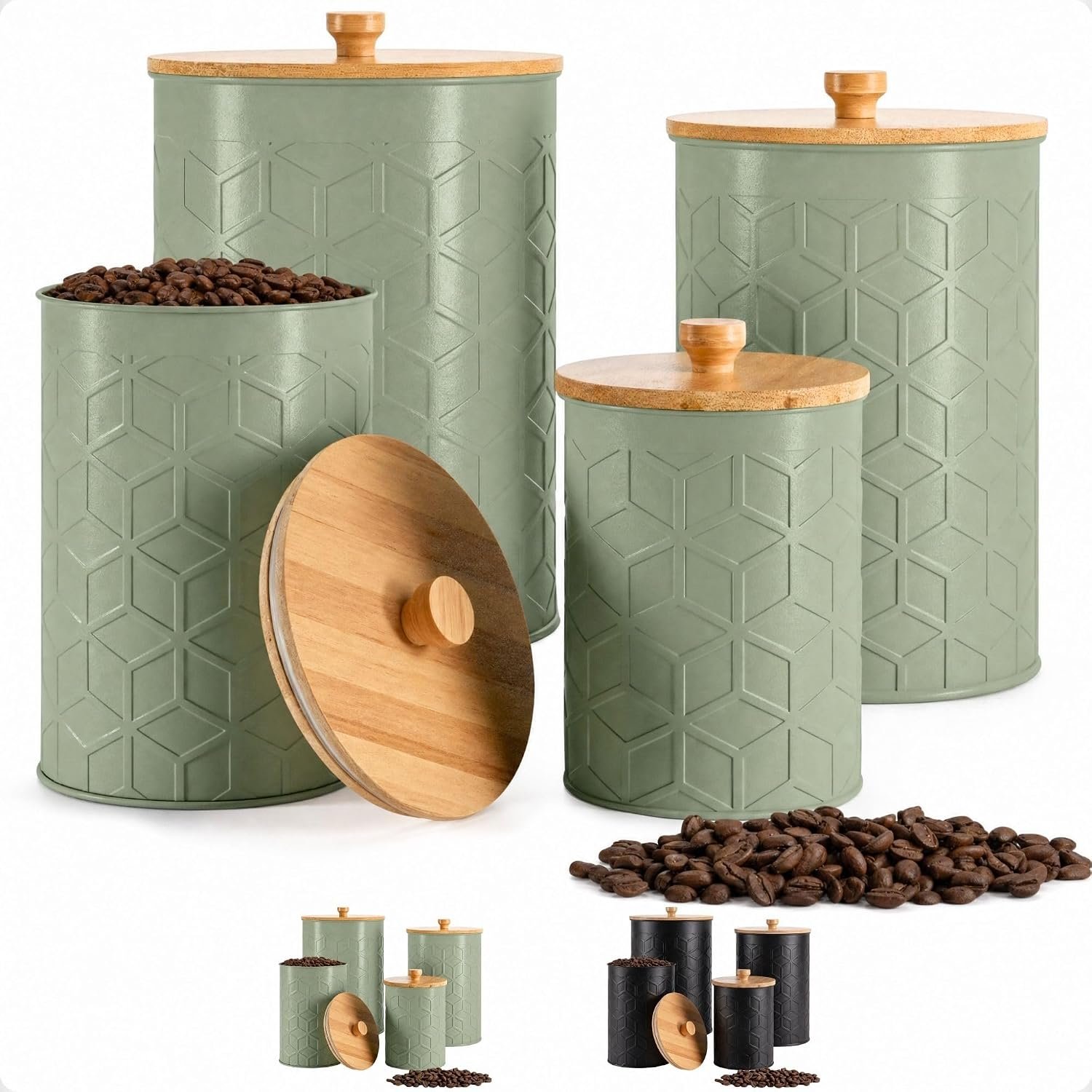 Kitchen Canisters for Countertop Set of 4, Textured Iron w/Airtight Lids | Airtight Easy Open Bamboo Lids – Dent-Resistant Thick Metal – Sturdy Comfortable Bamboo Handles – Raised Textured Pattern