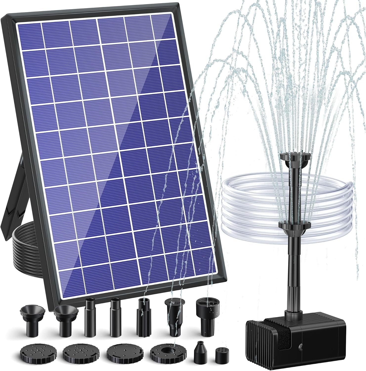 8W Solar Water Pump Built-in 3600mAh Battery Backup, Solar Bird Bath Pump with 9.8Ft Cable, 8 Nozzles & PVC Tubing, Solar Fountain for Bird Bath Garden Fish Tank Pond Water Feature P108D