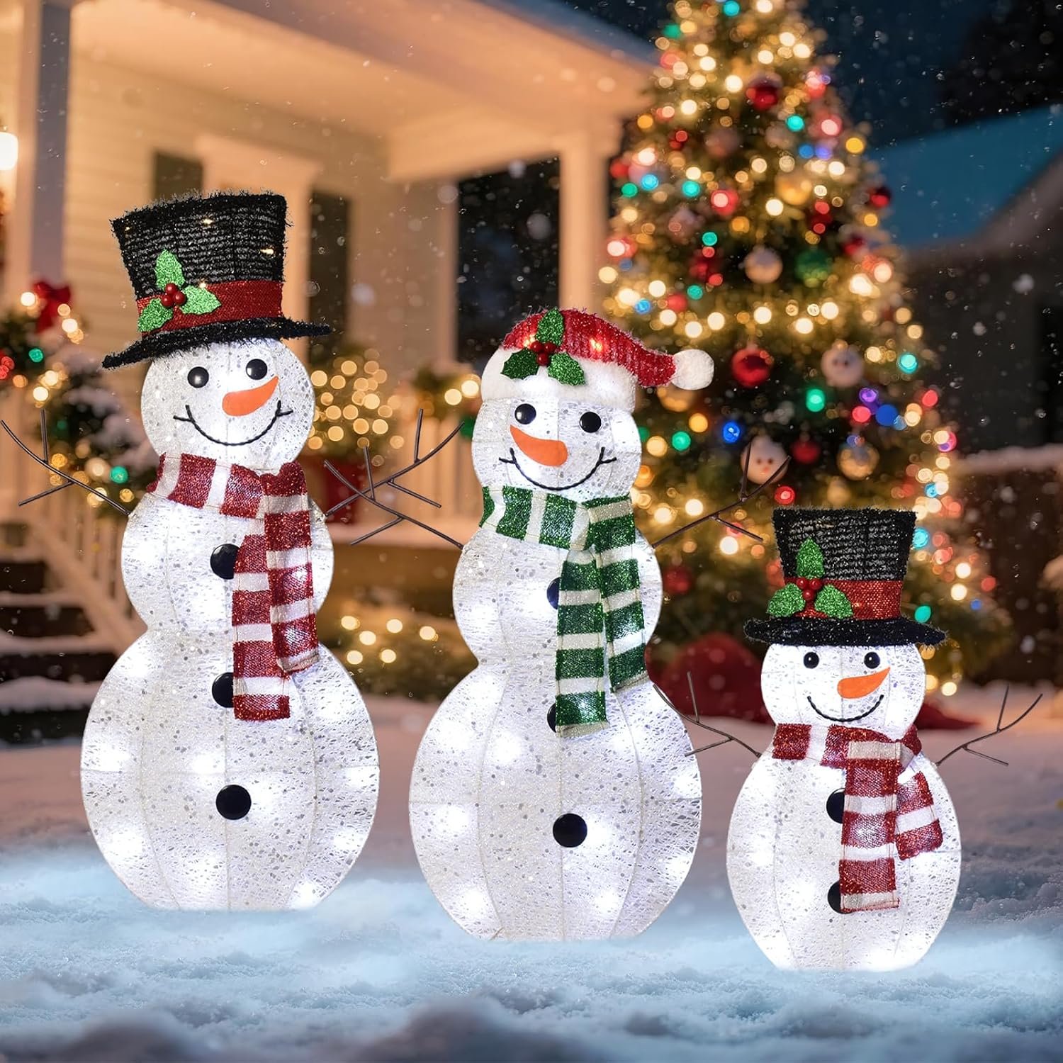 3-Piece 2D Light-Up Christmas Snowman Family Set – Large Outdoor Yard Decoration Holiday Decor with 80 LED Warm White Lights
