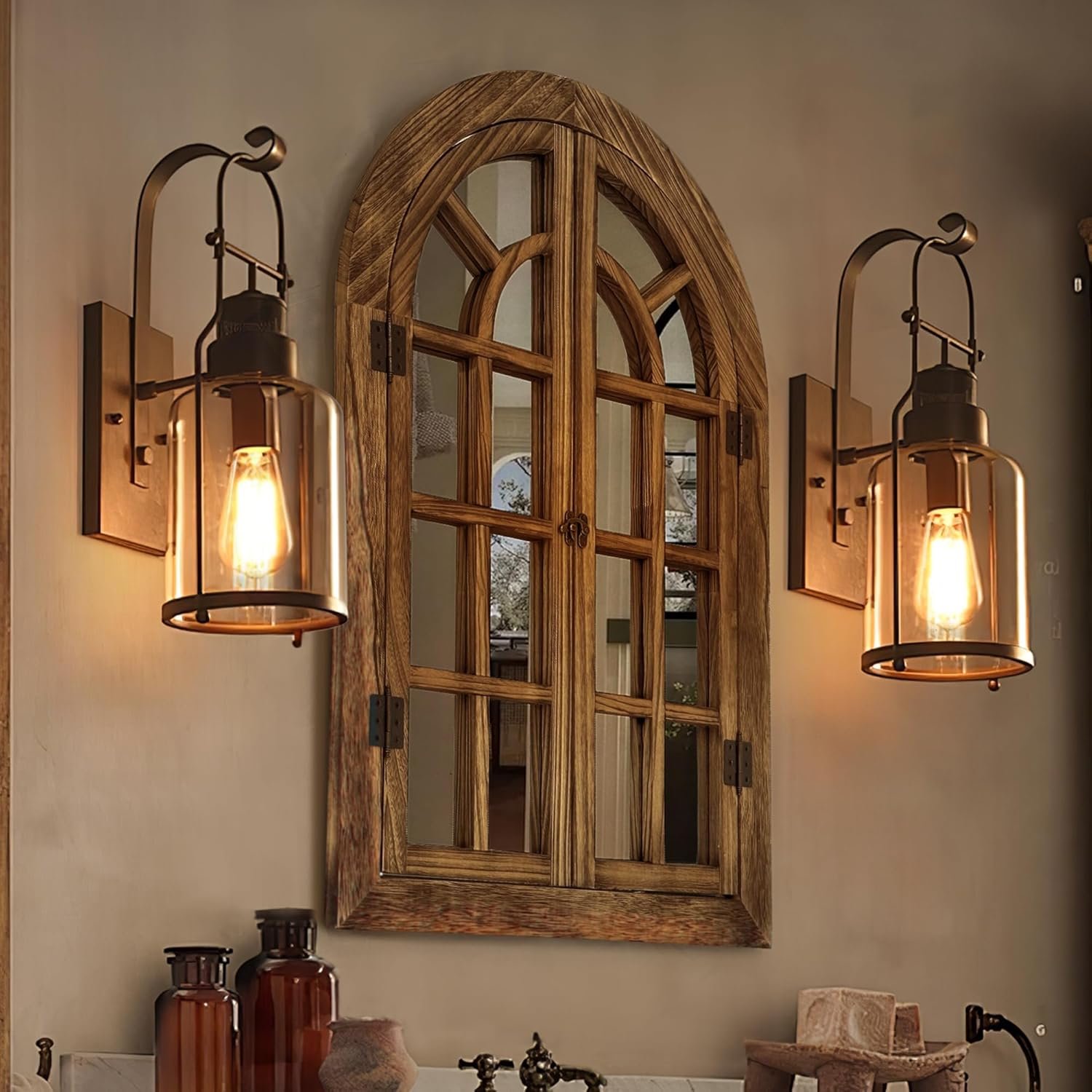 Window Mirrors for Wall Decor -Arched Wall Mirror Farmhouse Wall Decor Wood Frame Decorative Wall Mirrors Like Window for Bedroom, Living Room, Entrance, Dining Room