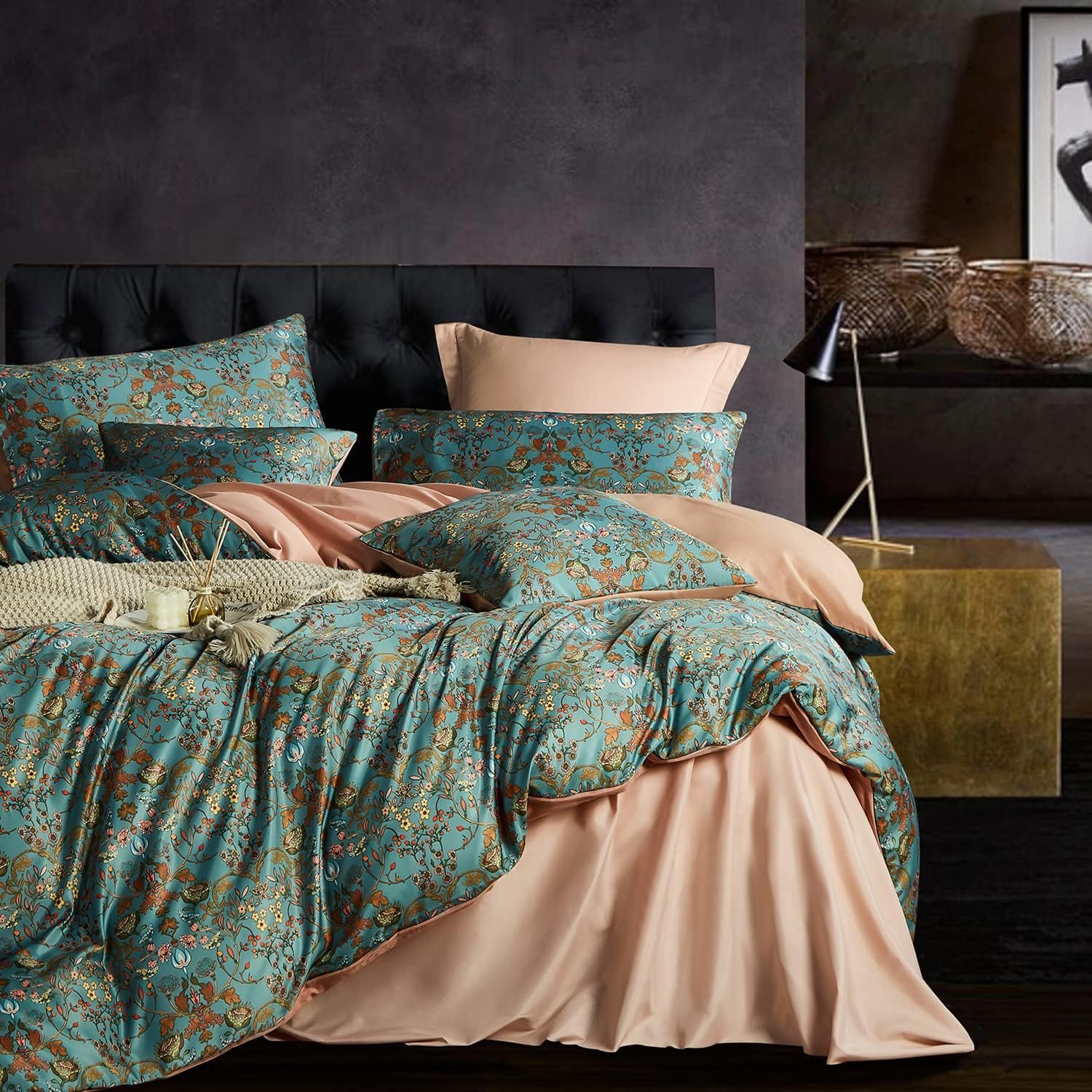 Vintage Style Duvet Cover Set,5 PCS Boho Comforter Cover Set,Paisley Floral Bedding Set,Green Floral Duvet Cover,Queen Duvet Cover,Soft Reversible Design(Autumn,Queen) | 5-piece queen bedding set. Vintage boho style with paisley floral print. Soft reversible comforter cover.Green autumn tones.