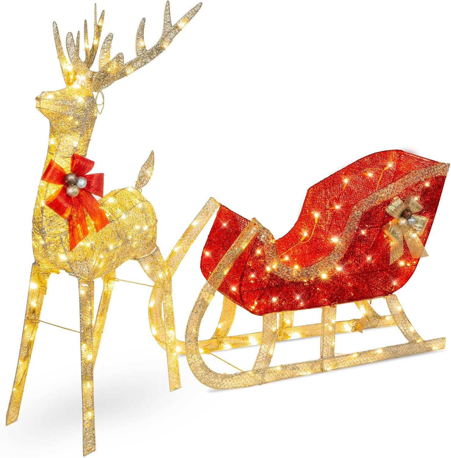 Best Choice Products Lighted Christmas 4ft Reindeer & Sleigh Holiday Outdoor Yard Decoration Set w/ 205 LED Lights, Stakes, Zip Ties – Gold