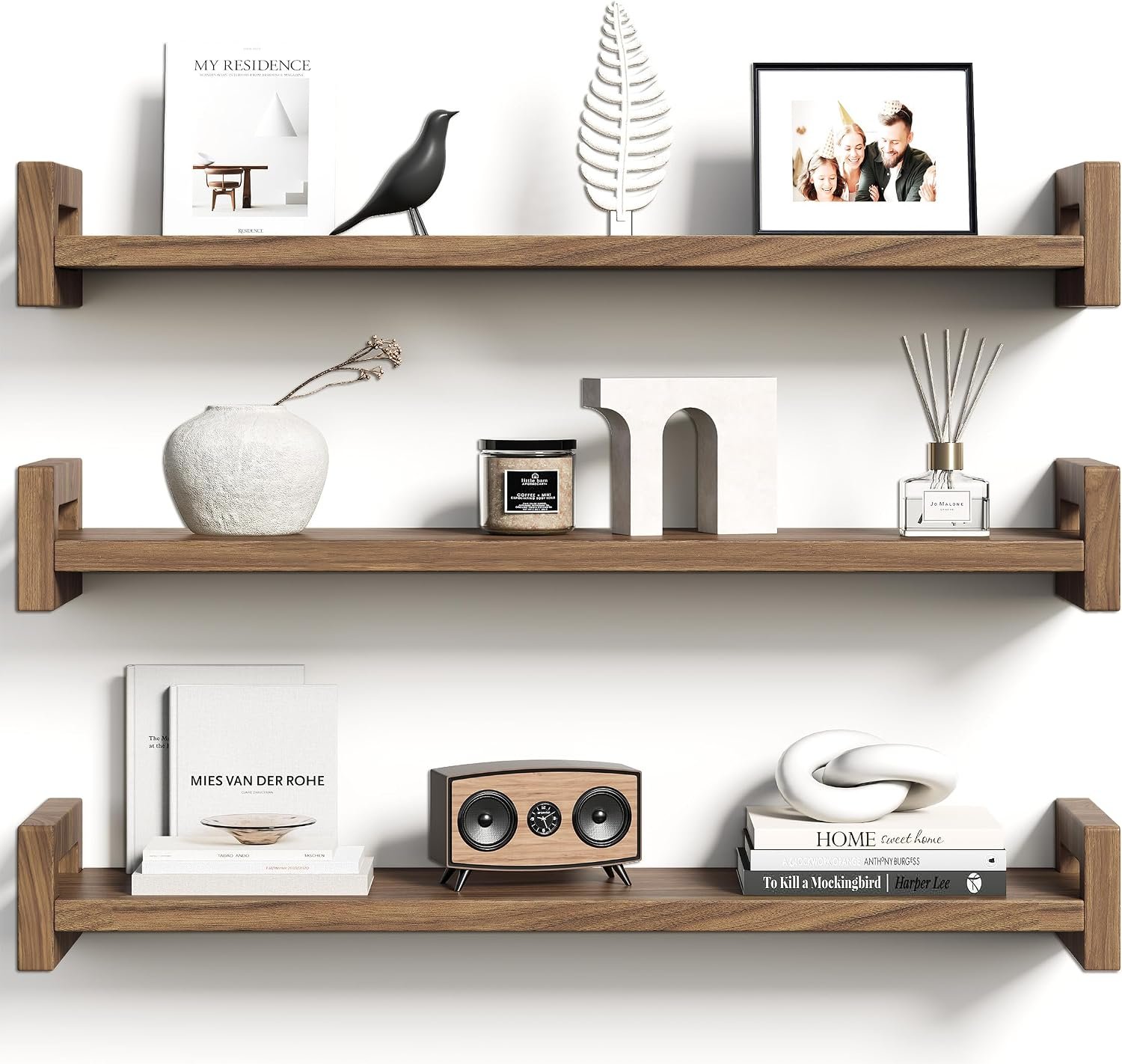 Solid Wood Floating Shelf, 23.6″ Wall Shelf for Room, Rustic Walnut, 3 Pack | Natural Pine Wood Shelf on Wall, Rustic Walnut Finish, Reinforced Hardware for Mounting, Ideal for Display and Storage