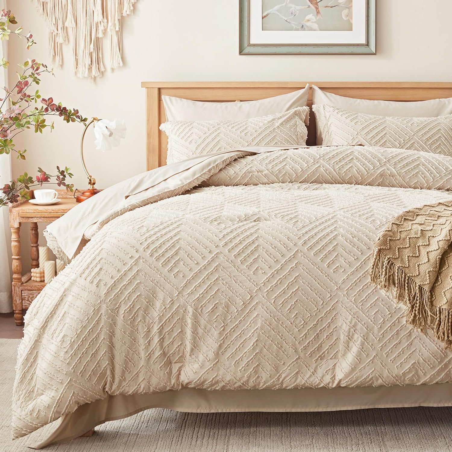 Zzlpp Queen Comforter Set 7 Piece, Beige Bed in a Bag Queen Bedding Sets | Boho Tufted, OEKO-TEX Certified, Luxury, Lightweight, All Season, Down Alternative Comforter, Breathable sheets & pillowcases