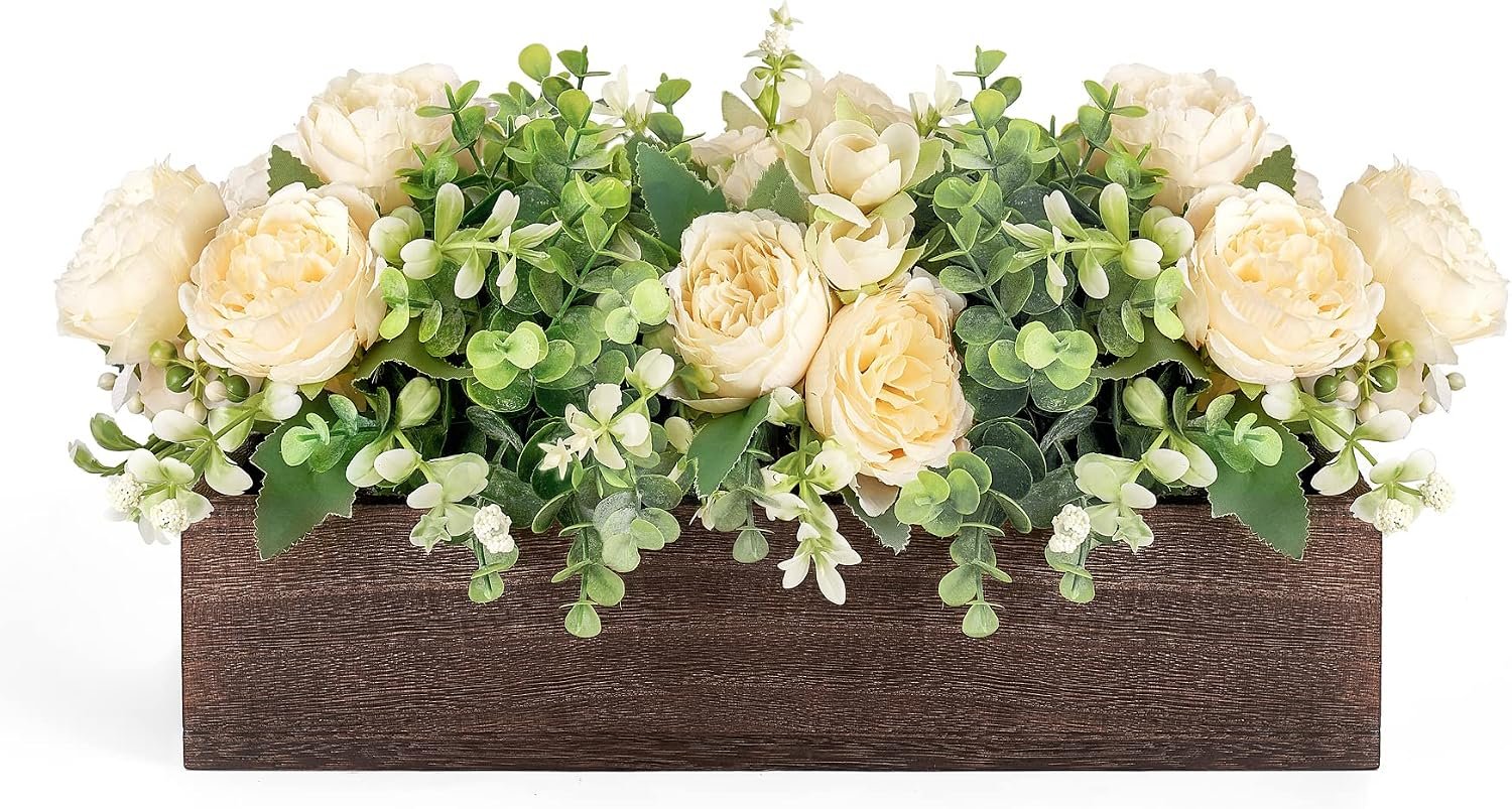 Dahey Artificial Flowers Farmhouse Centerpieces for Coffee Tables Decor | Champagne Floral Arrangements, Wood Box, Table Centerpieces for Dinging Living Room Kitchen Wedding Party, Easy to Assemble