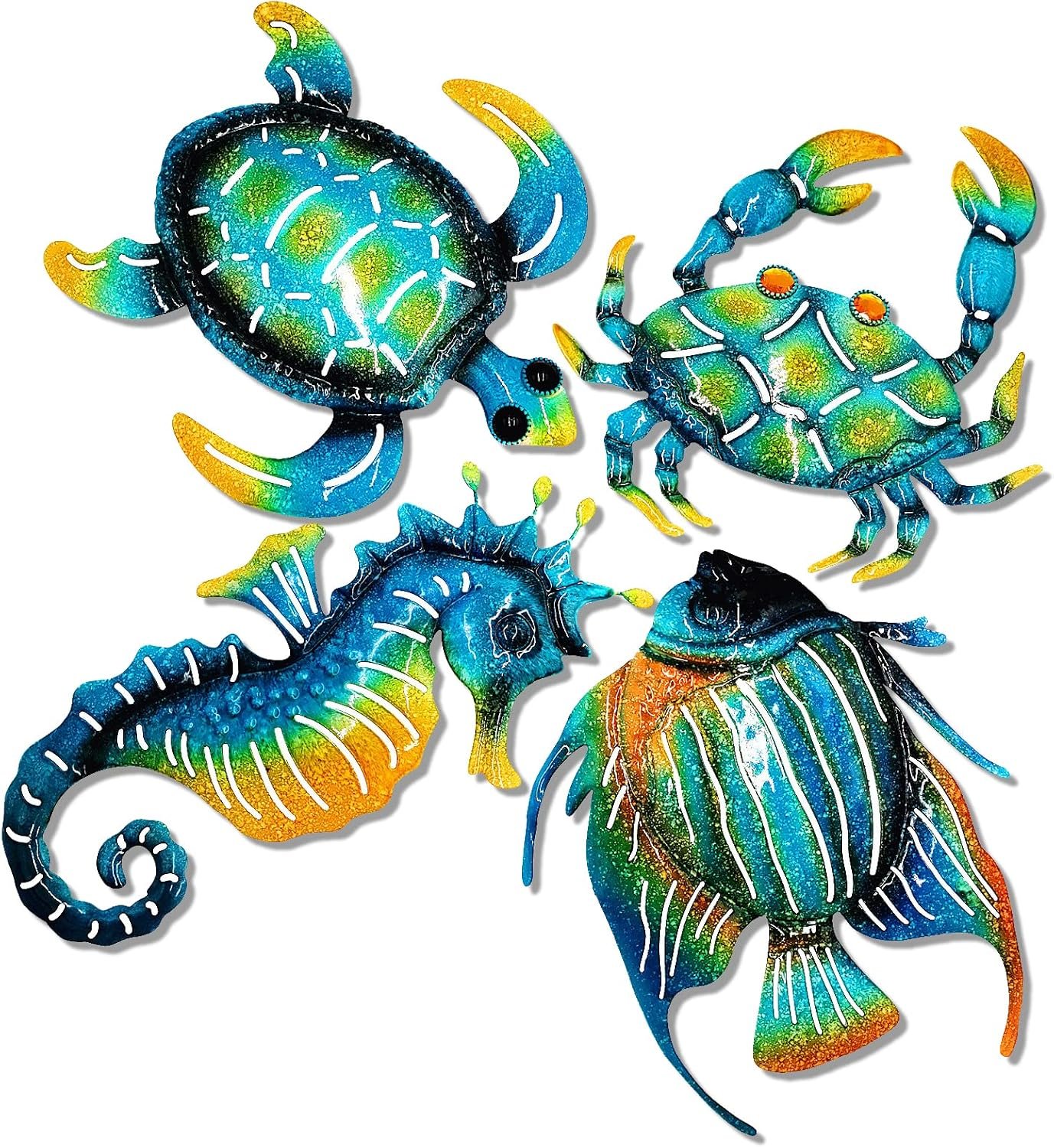 Meduofon Set of 4 Metal Outdoor Wall Art Decor, Blue Turtle Fish Crab and Seahorse Suitable for Beach Ocean Pool Decor, Metal Yard Fence Garden Children Room Bathroom Livingroom Wall Decoration