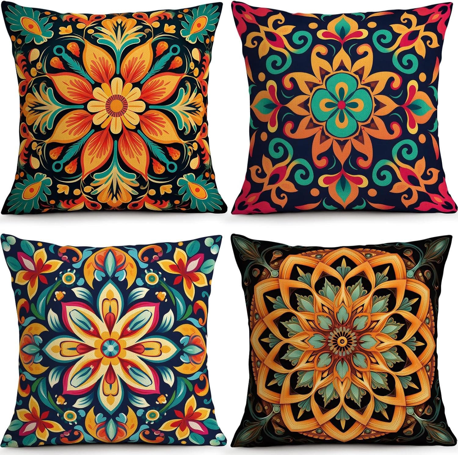 ORMAN Colorful Boho Mandala Throw Pillow Covers 18×18 Inch Set of 4 | Bright Colorful Boho Pattern for Living Room Sofa Farmhouse Apartment Decor