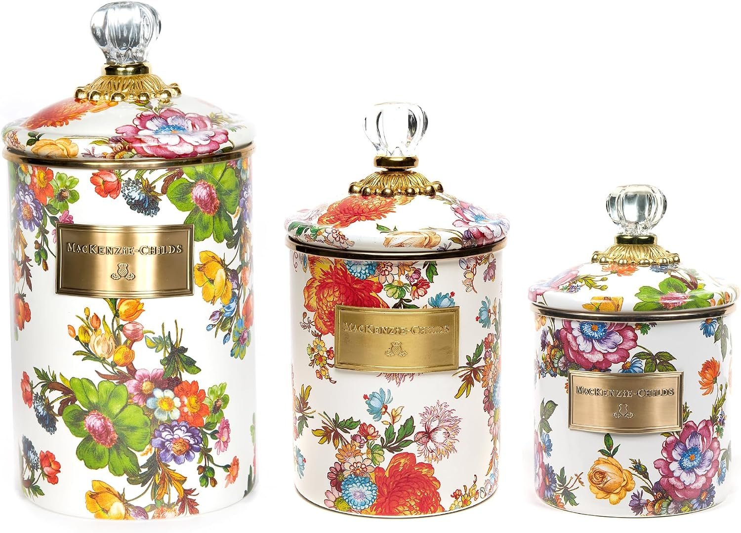 MACKENZIE-CHILDS Enamel Canister Set, White Flower Market | Hand-applied design, versatile kitchen storage containers for flour and sugar, 38-, 48-, and 64-ounce capacity, set of 3