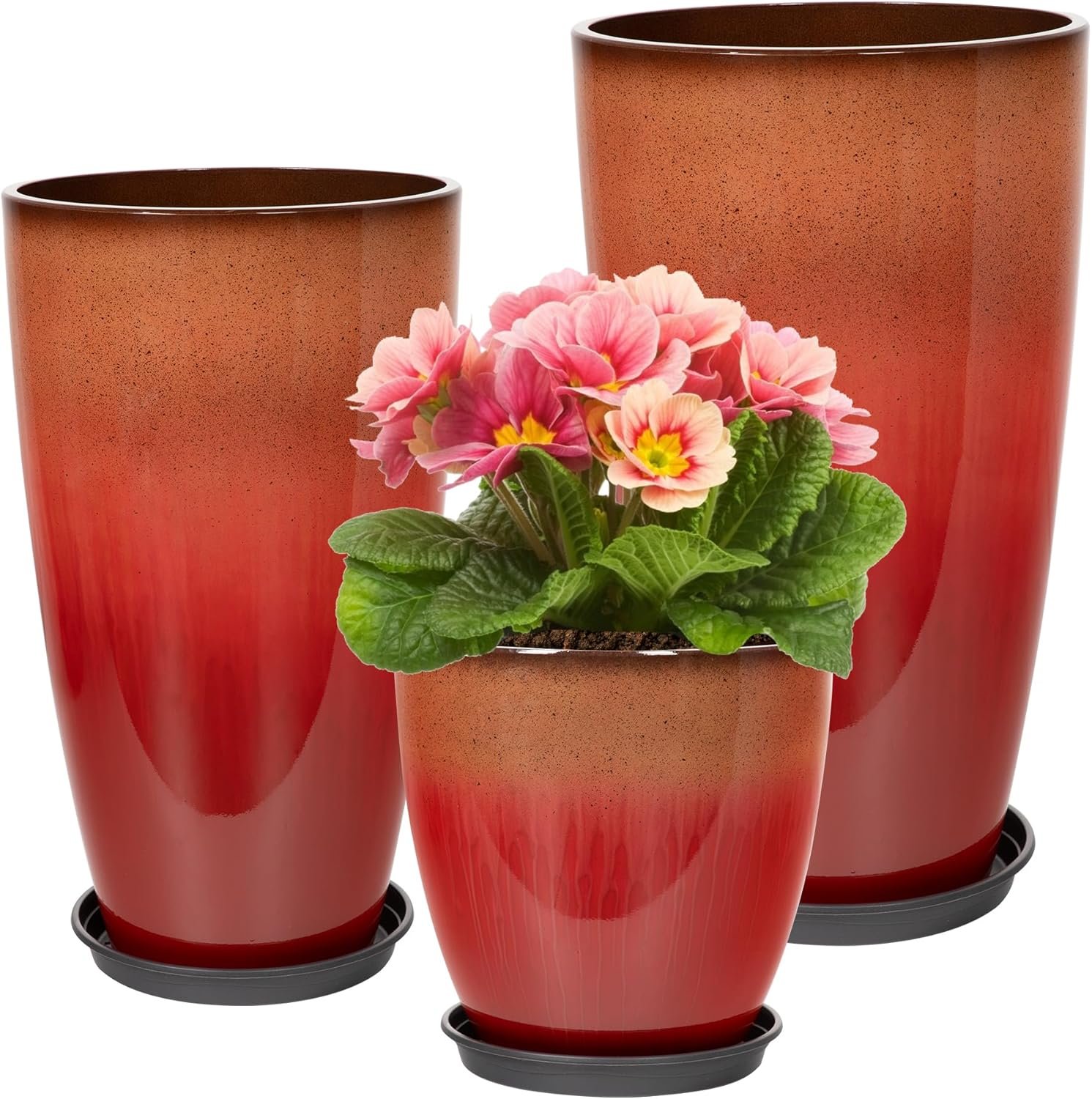 Neoaider Set of 3 Tall Planter, 24/21/12in Large Plastic Planter, Firey Red | Ceramic-Look, Lightweight, Built-in Drain Hole, Saucers, Tall Outdoor Planter for Porch, Garden, Patio, Balcony
