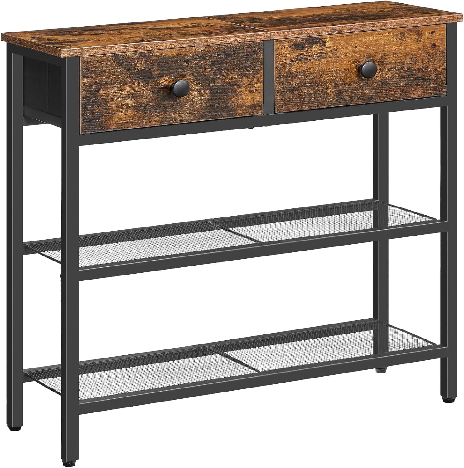 HOOBRO 29.5″ Narrow Console Table with 2 Fabric Drawers, Sofa Table, Small Entryway Table with 3-Tier Storage Shelves, Behind Couch Table, for Living Room, Hallway, Rustic Brown and Black BF72XG01