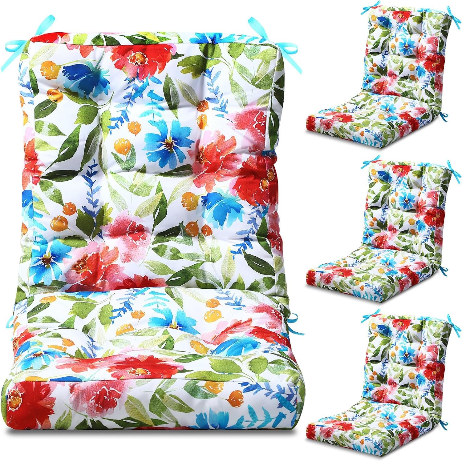 Hoteam 4 Set Outdoor Patio Chair Cushions 20 x 42 in Deep Seat Waterproof Patio Cushions Set for Furniture Replacement Removable Seat and Back (Flower)