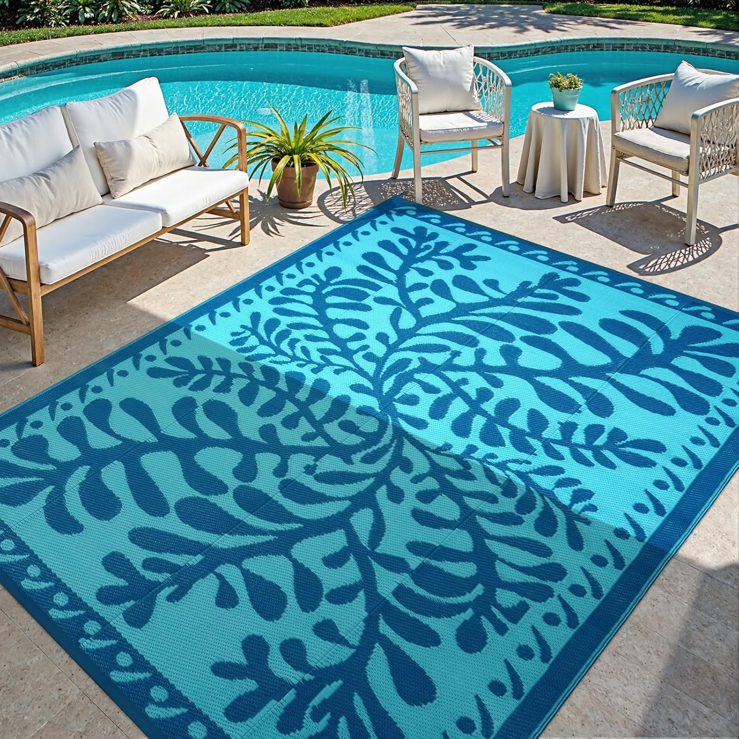 Anidaroel 8×10 Outdoor Rug for Patios Clearance, Waterproof Camping Rug for Outside RV, Reversible Plastic Straw Outside Rugs, Large Outdoor Area Rug for Garden, Camper(Blue,8’x10’)