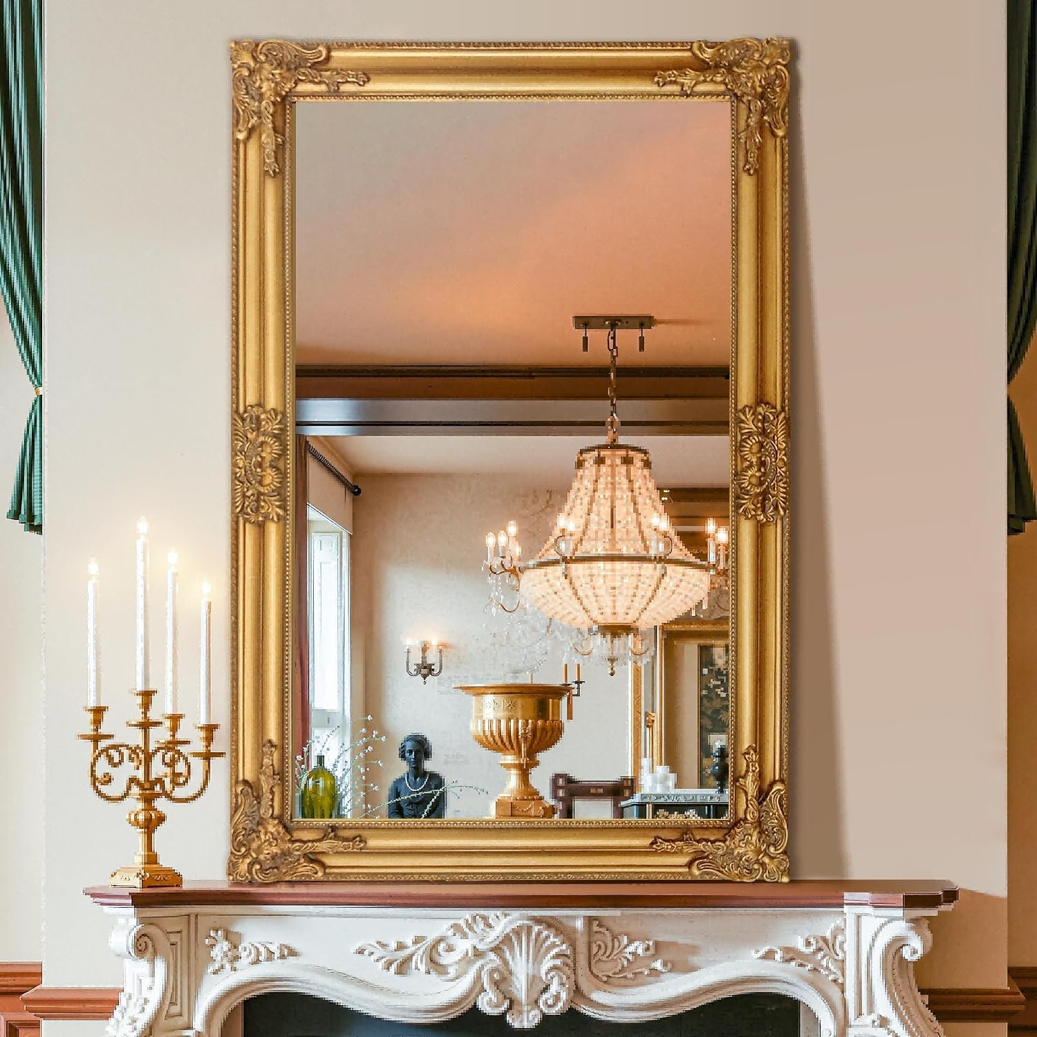 Vintage Gold Mirror for Wall, 24″x36″ Antique Ornate Baroque Mirror | HD Tempered Glass, Eucalyptus Wood Frame, Decorative Wall Mirror Decor for Entryway, Fireplace, Living Room, Hallway,Bathroom