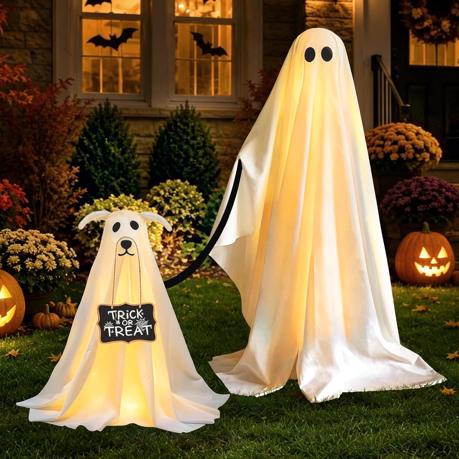 2 Pack Spooky Ghost Dog Halloween Decor Indoor for Party Decorations | Halloween Decorations Outdoor for Yard and Porch, Ghost Decor with Remote Control String Lights