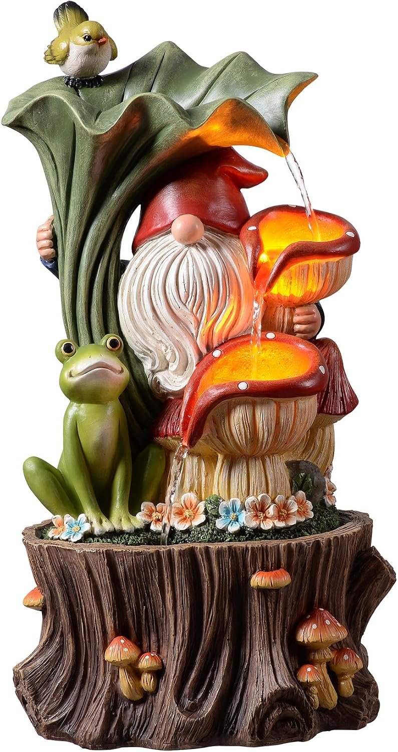 Kalona Gnome Outdoor Waterfall Fountain with LED Lights, Resin Tree Stump Waterfall Fountain for Patio Balcony Yard, 21″ Tall Garden Water Feature 25007