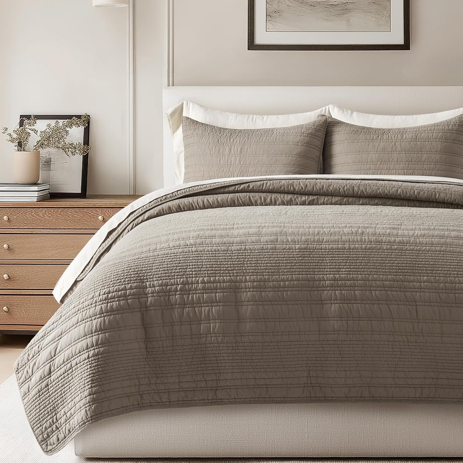 EVERGRACEHOME 100% Cotton Modern Lines Quilt Set Queen Size, Stone Taupe | Pre-Washed Soft Cotton, Striped Coverlet Bedspread, 3 Piece Lightweight Bedding Set for All Season, with 2 Pillow Shams
